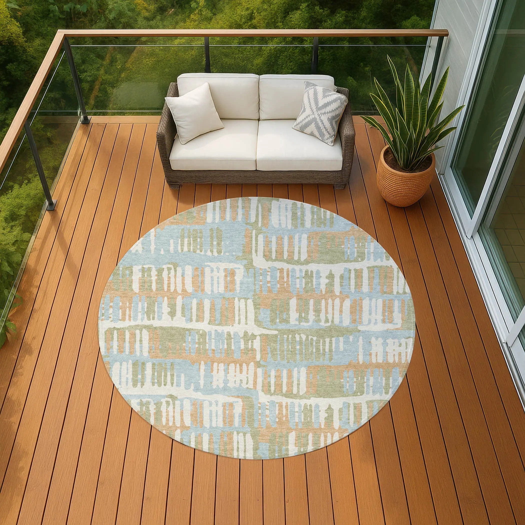 8' Sky Blue And Beige Round Abstract Washable Indoor Outdoor Area Rug Homeroots Outdoor
