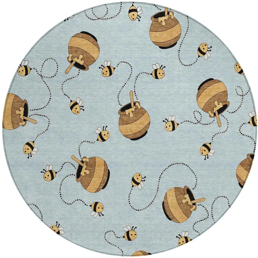 8' Sky Blue And Beige Round Geometric Washable Indoor Outdoor Area Rug Homeroots Outdoor