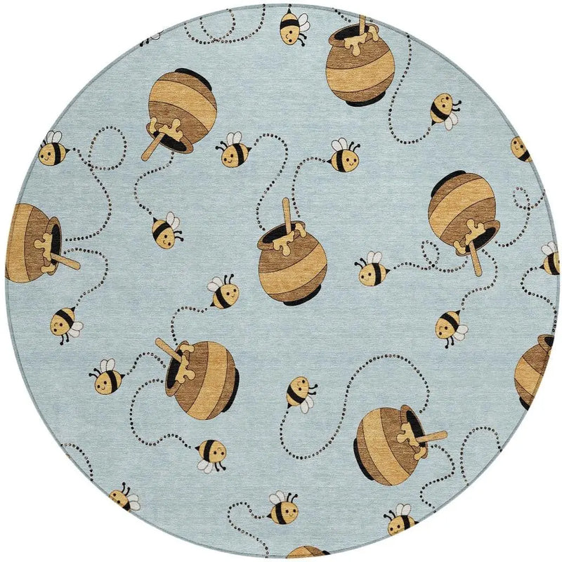 8' Sky Blue And Beige Round Geometric Washable Indoor Outdoor Area Rug Homeroots Outdoor