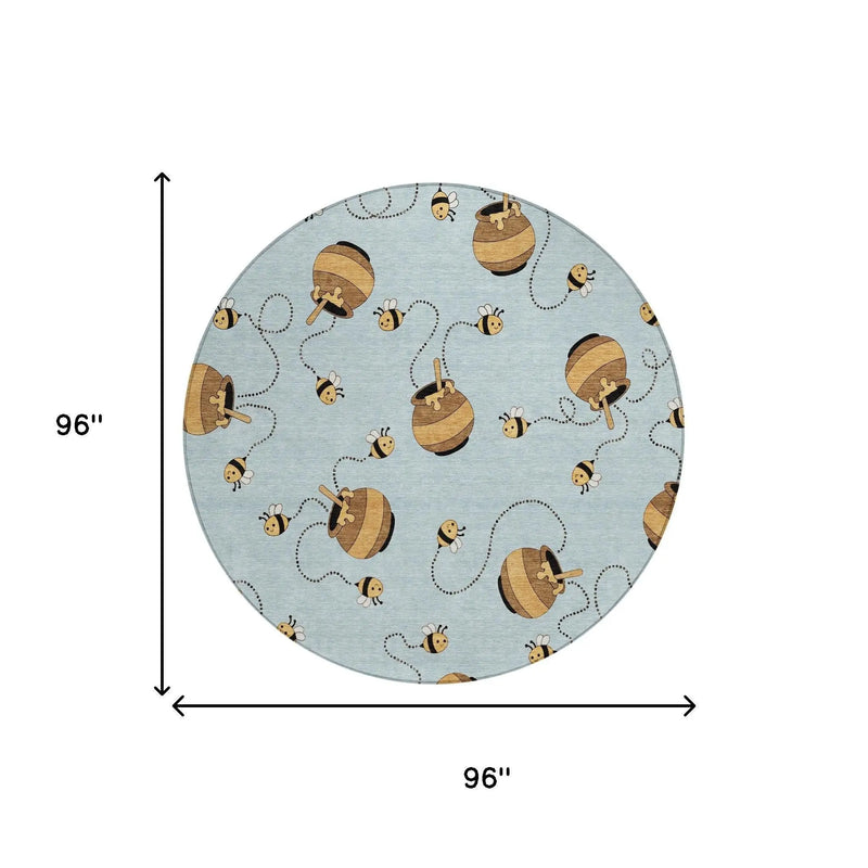8' Sky Blue And Beige Round Geometric Washable Indoor Outdoor Area Rug Homeroots Outdoor