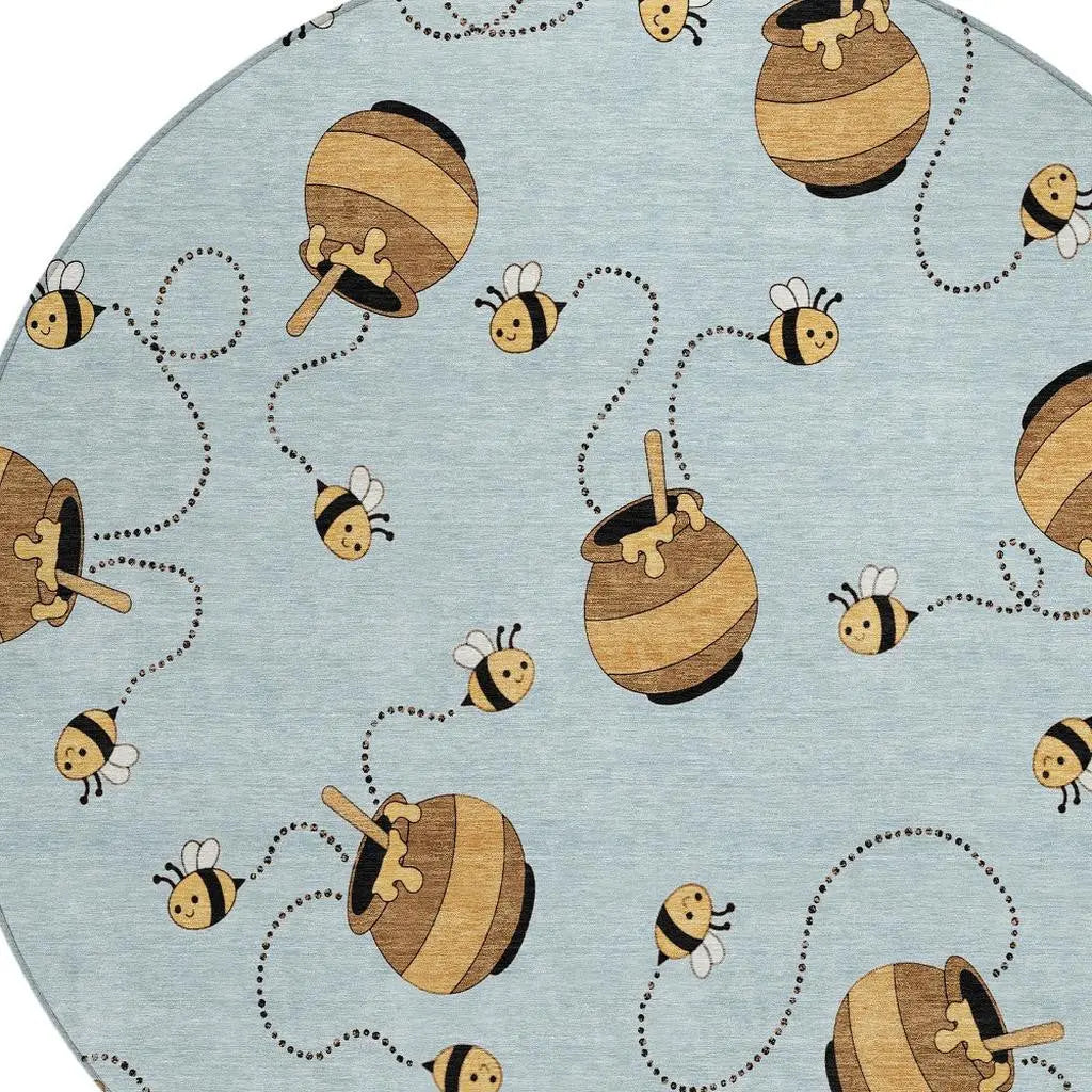 8' Sky Blue And Beige Round Geometric Washable Indoor Outdoor Area Rug Homeroots Outdoor