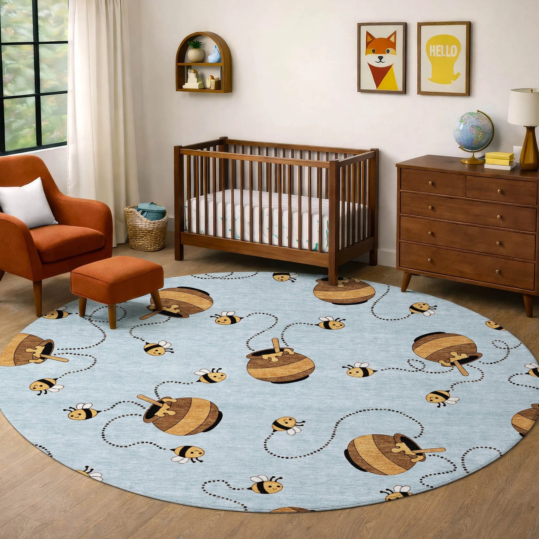 8' Sky Blue And Beige Round Geometric Washable Indoor Outdoor Area Rug Homeroots Outdoor
