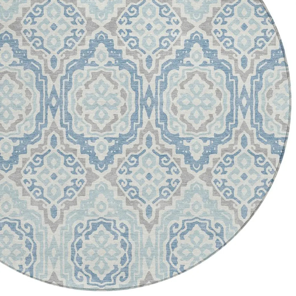 8' Sky Blue And Beige Round Tribal Washable Indoor Outdoor Area Rug Homeroots Outdoor