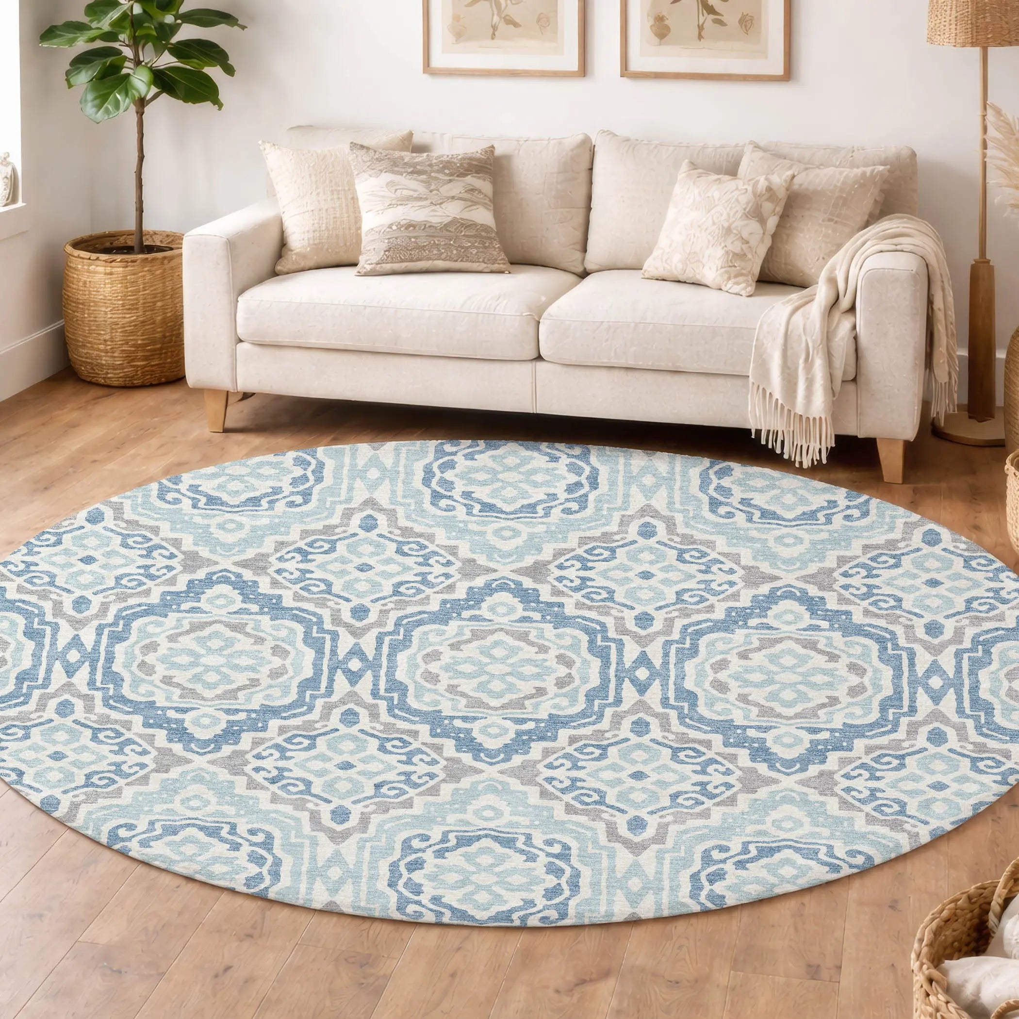 8' Sky Blue And Beige Round Tribal Washable Indoor Outdoor Area Rug Homeroots Outdoor