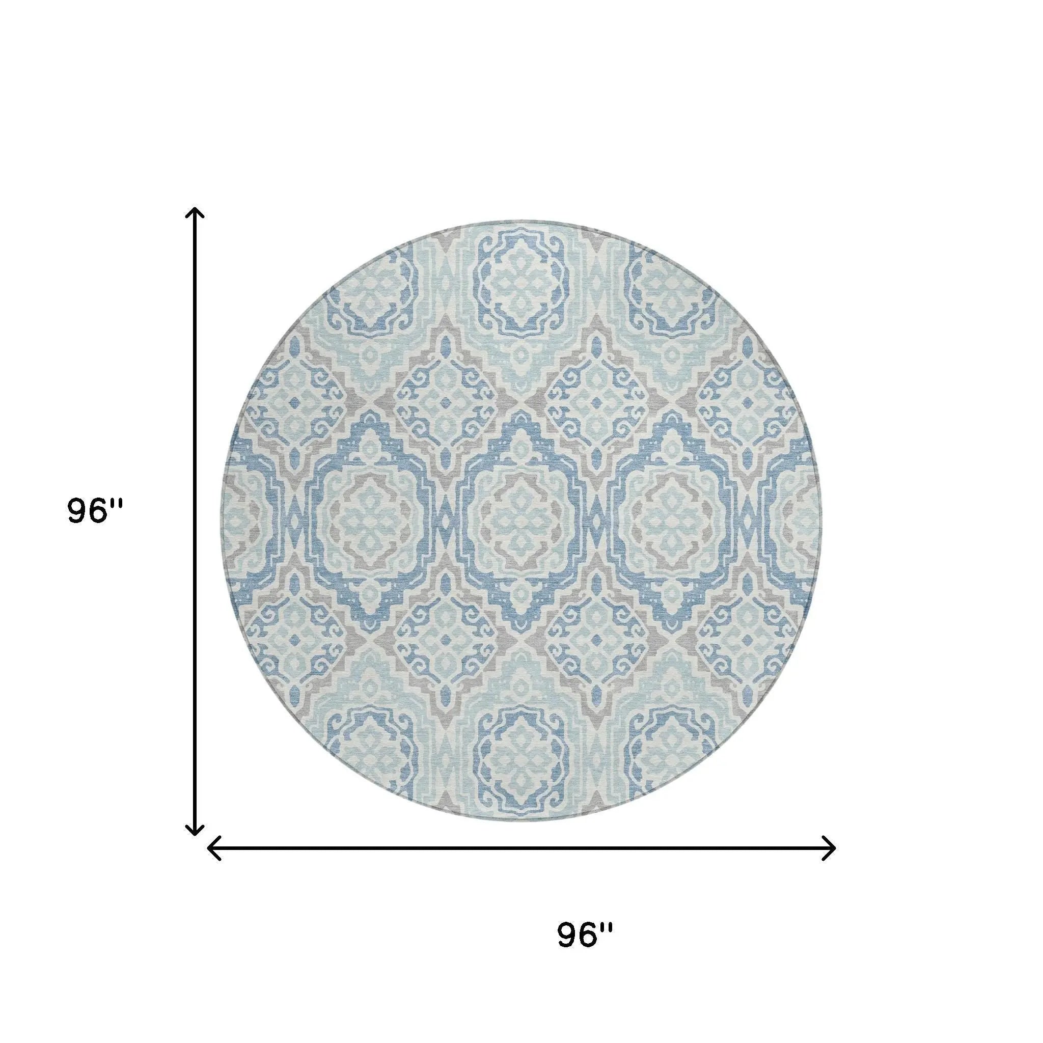 8' Sky Blue And Beige Round Tribal Washable Indoor Outdoor Area Rug Homeroots Outdoor