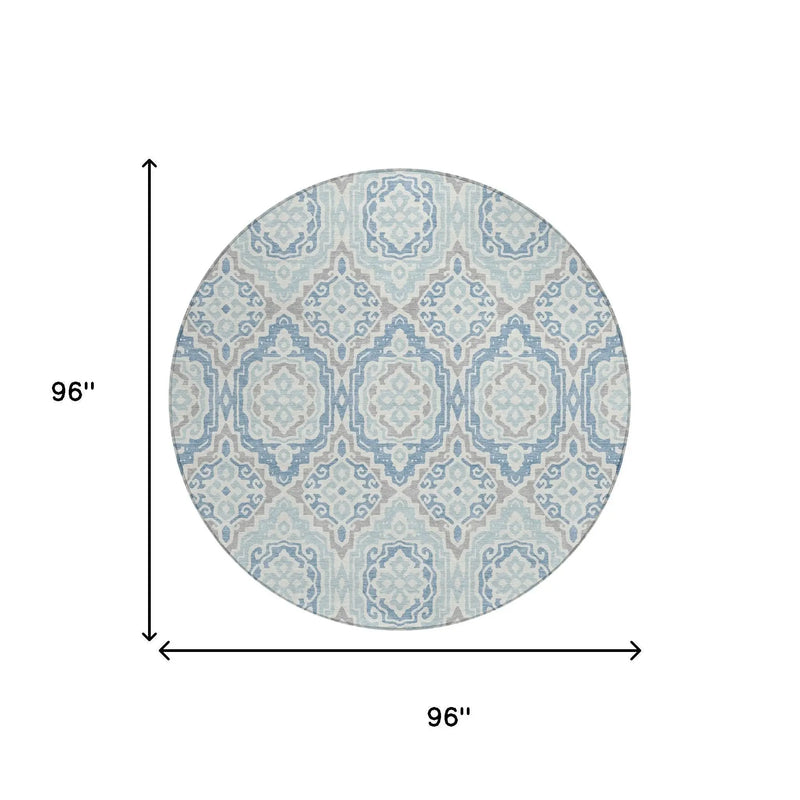 8' Sky Blue And Beige Round Tribal Washable Indoor Outdoor Area Rug Homeroots Outdoor