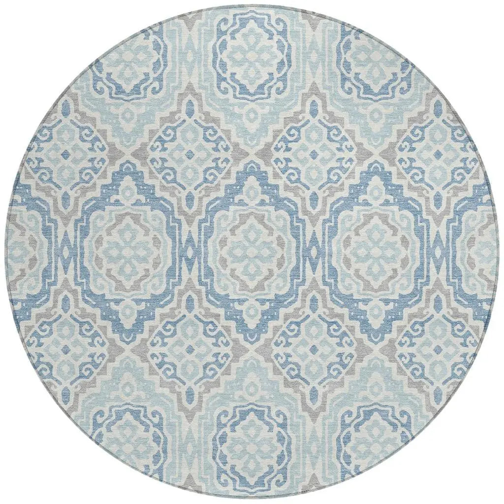8' Sky Blue And Beige Round Tribal Washable Indoor Outdoor Area Rug Homeroots Outdoor