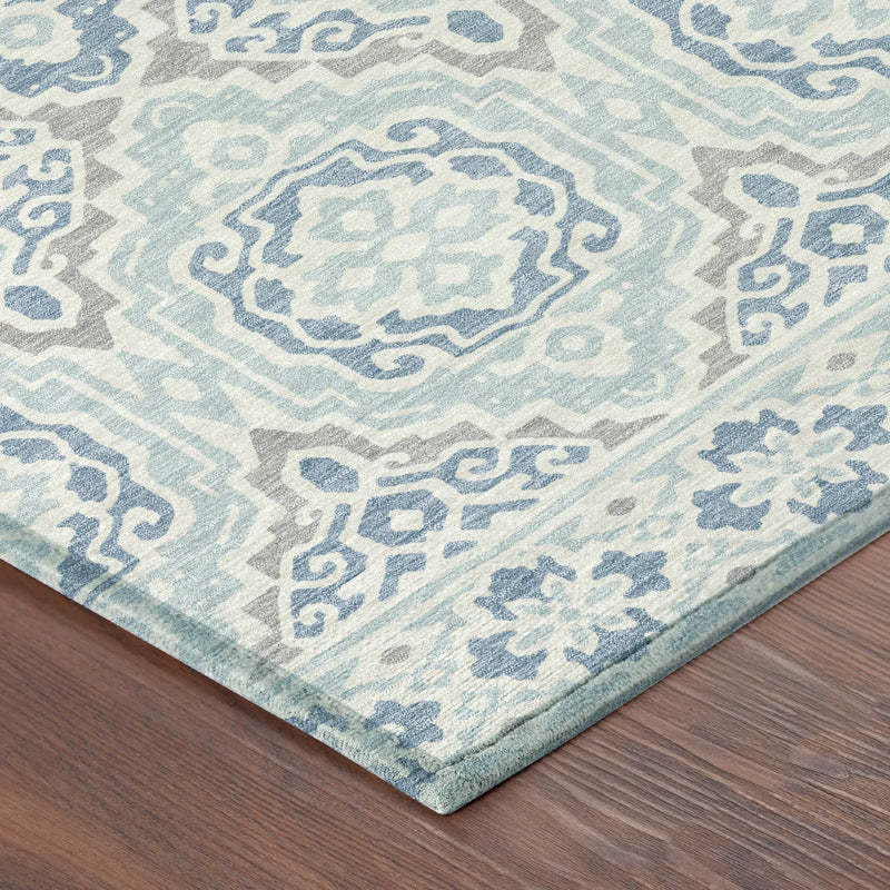 8' Sky Blue And Beige Round Tribal Washable Indoor Outdoor Area Rug Homeroots Outdoor