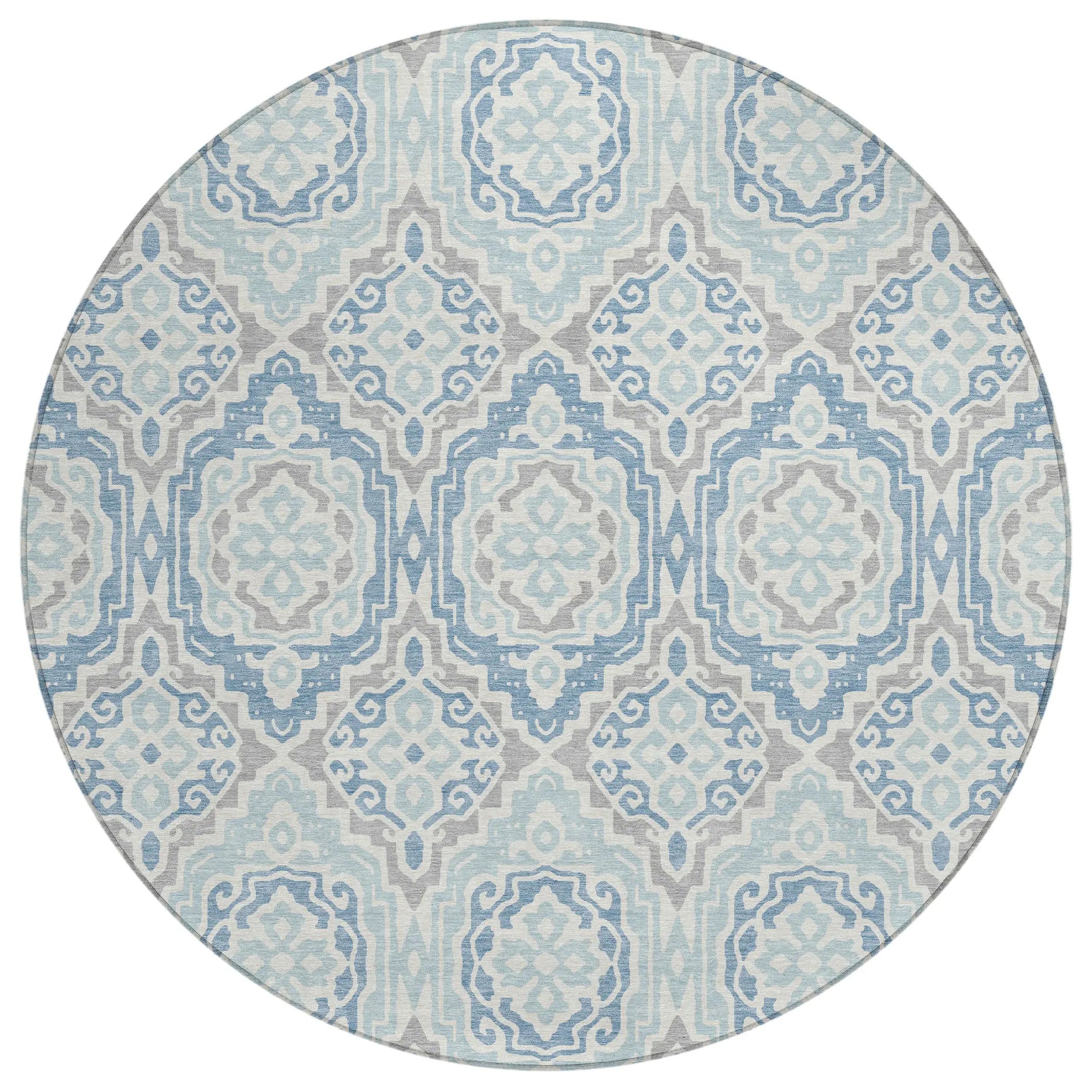 8' Sky Blue And Beige Round Tribal Washable Indoor Outdoor Area Rug Homeroots Outdoor