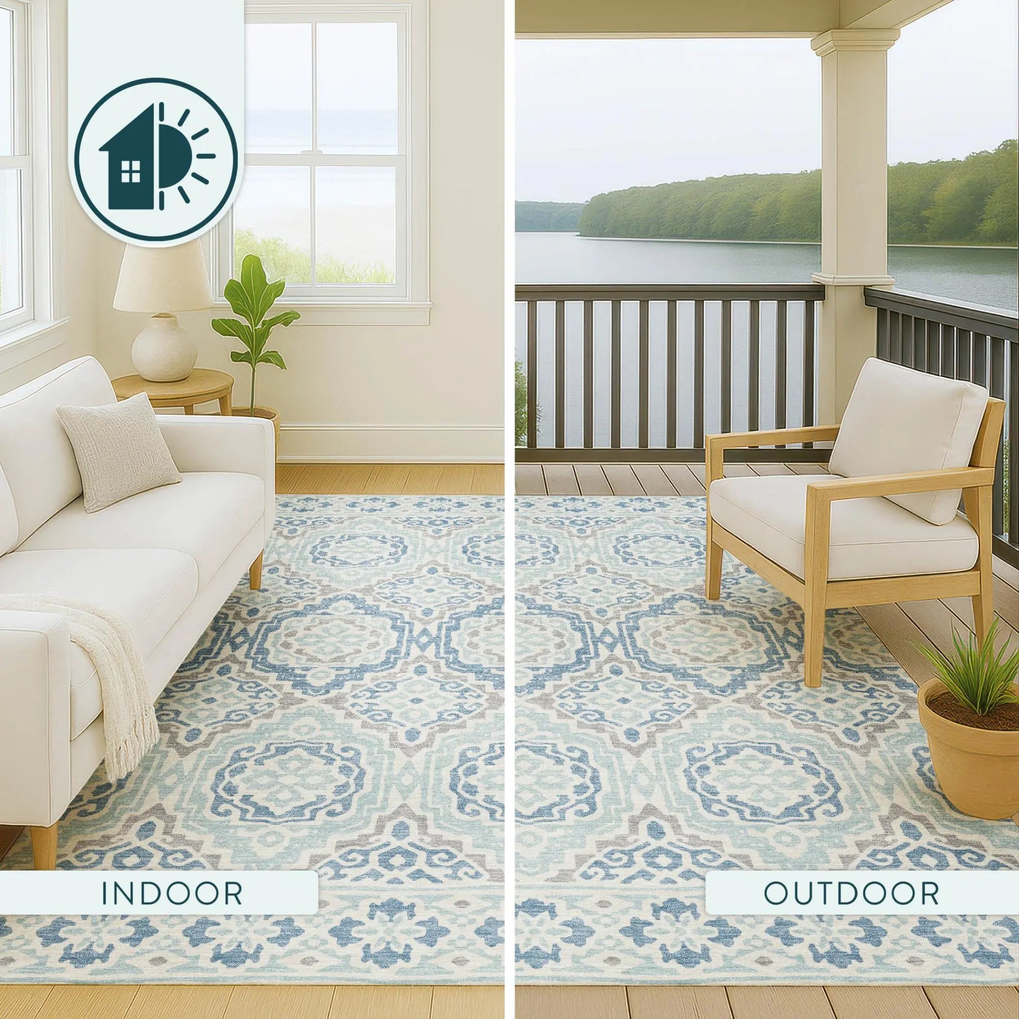 8' Sky Blue And Beige Round Tribal Washable Indoor Outdoor Area Rug Homeroots Outdoor