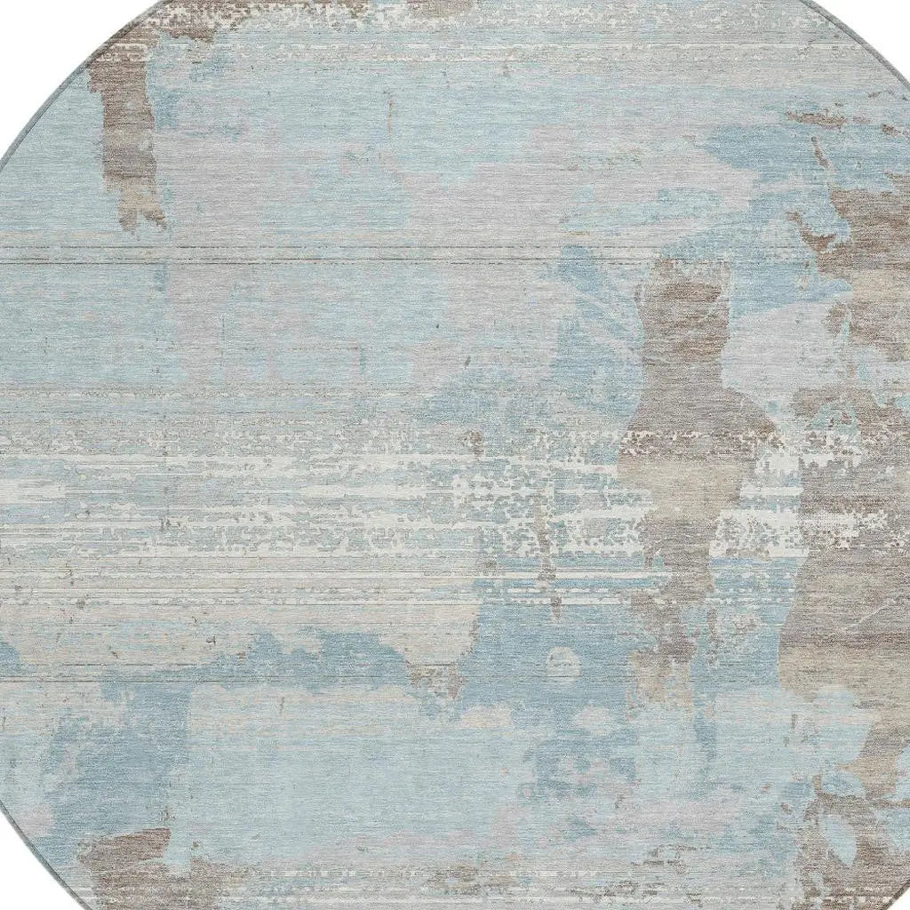 8' Sky Blue And Blue Round Abstract Washable Indoor Outdoor Area Rug Homeroots Outdoor