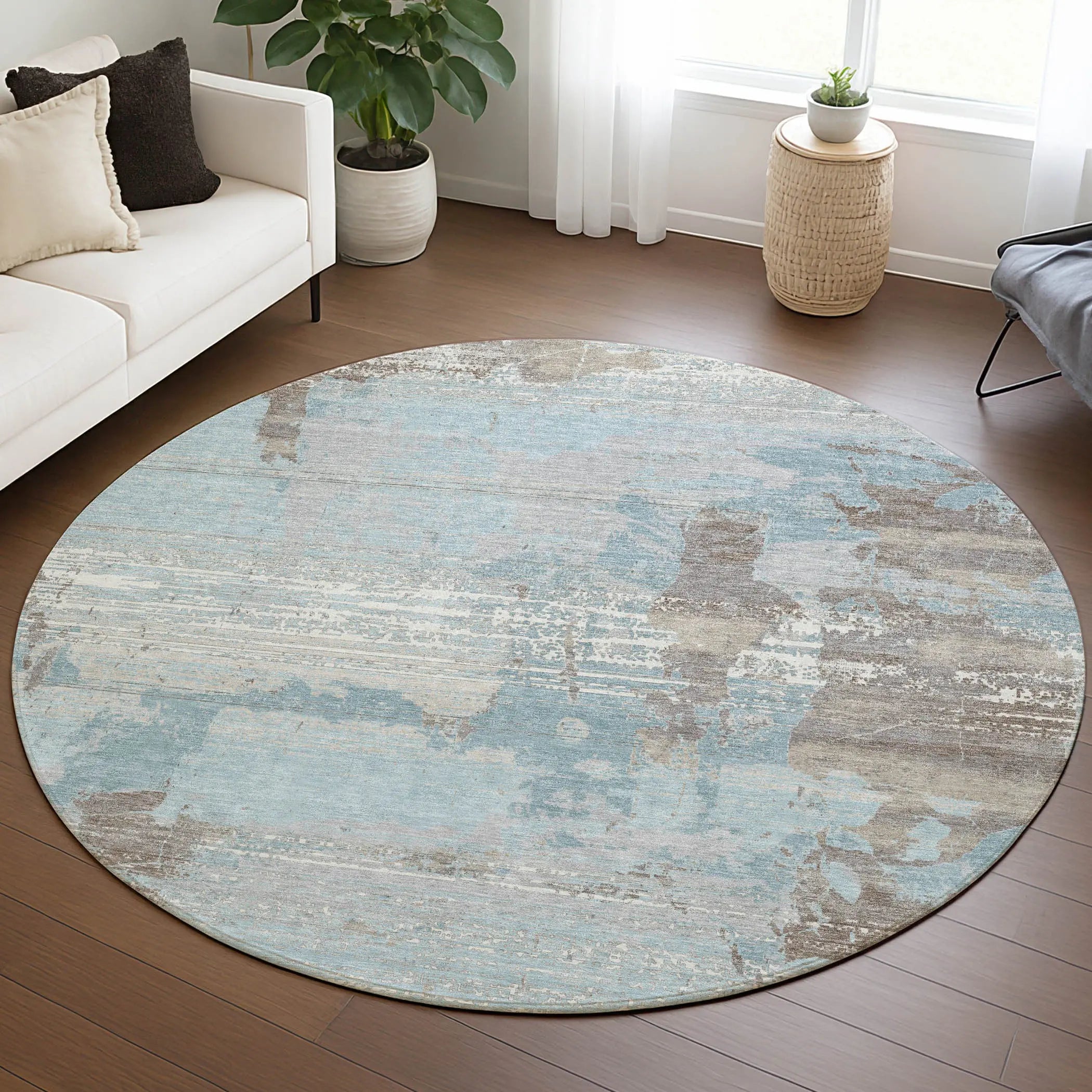 8' Sky Blue And Blue Round Abstract Washable Indoor Outdoor Area Rug Homeroots Outdoor