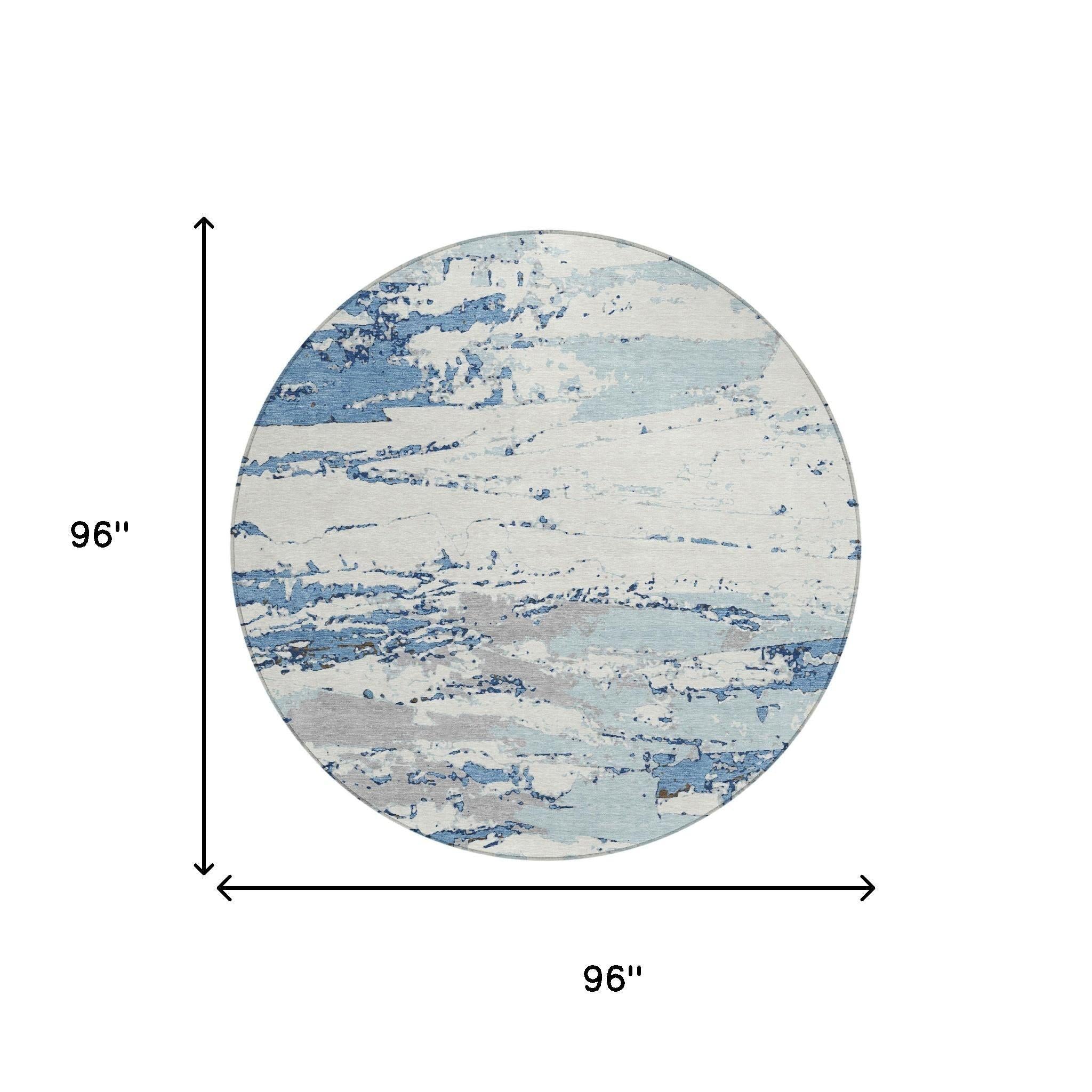 8' Sky Blue And Blue Round Abstract Washable Indoor Outdoor Area Rug Homeroots Outdoor
