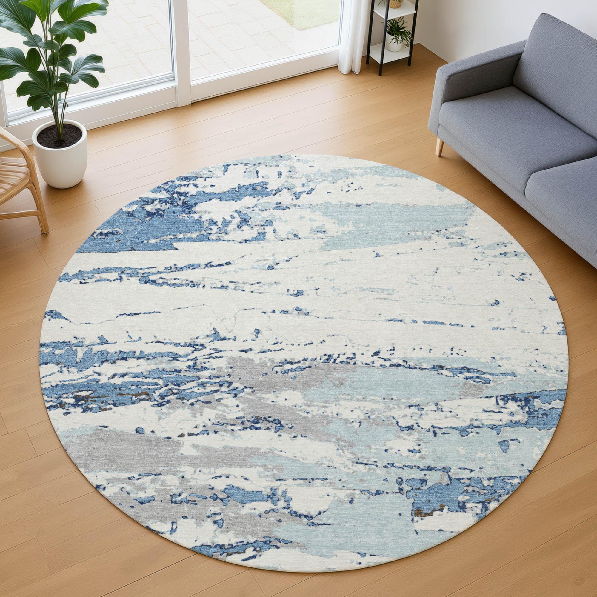 8' Sky Blue And Blue Round Abstract Washable Indoor Outdoor Area Rug Homeroots Outdoor