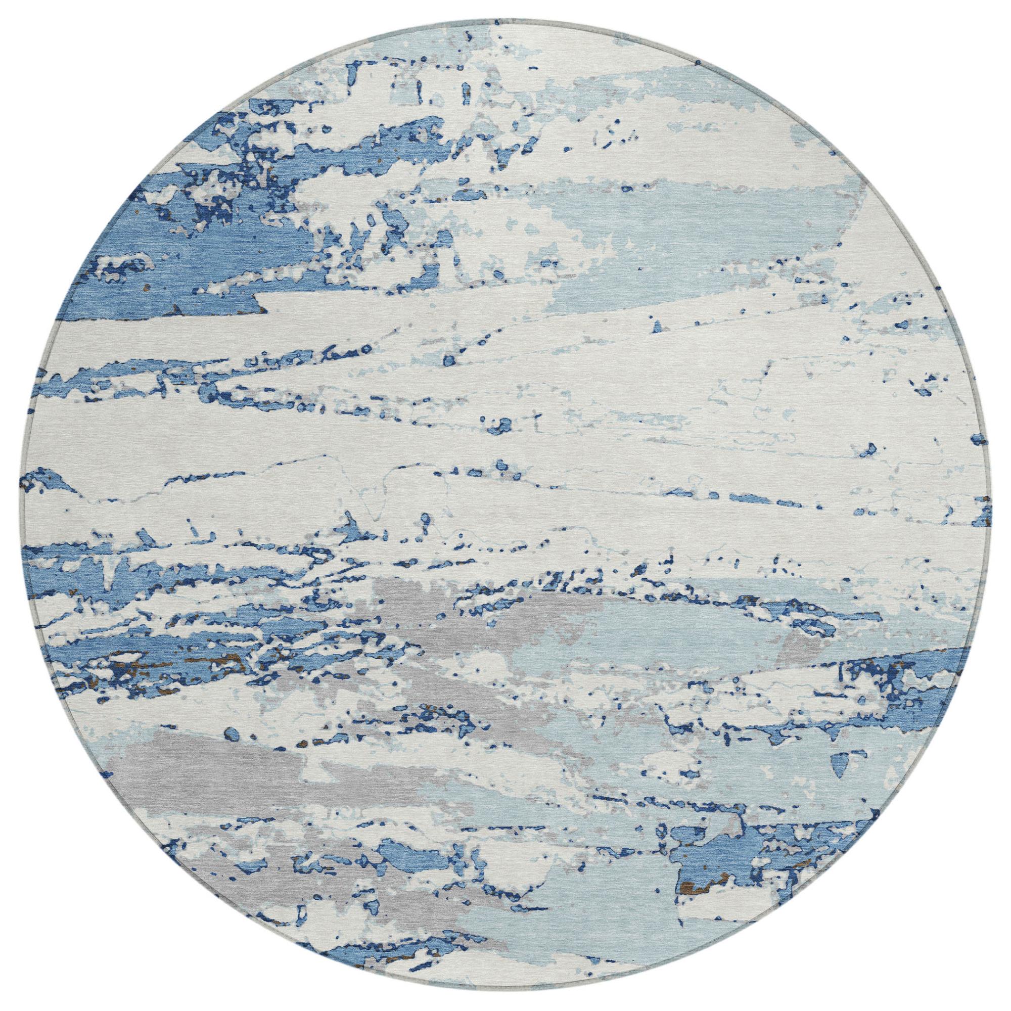 8' Sky Blue And Blue Round Abstract Washable Indoor Outdoor Area Rug Homeroots Outdoor