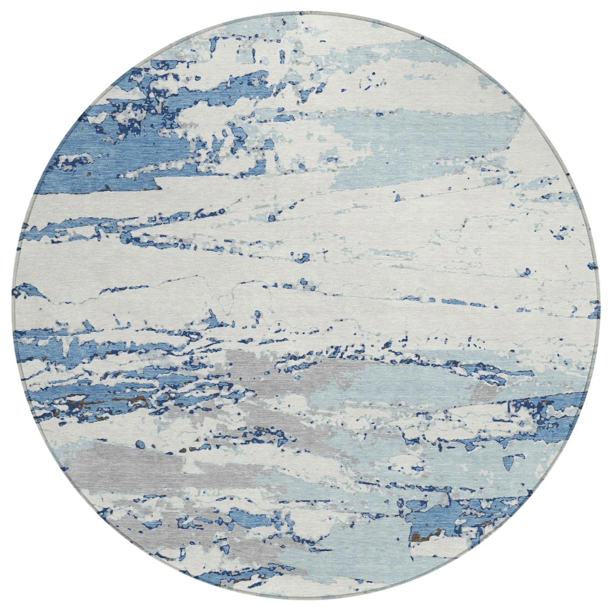8' Sky Blue And Blue Round Abstract Washable Indoor Outdoor Area Rug Homeroots Outdoor