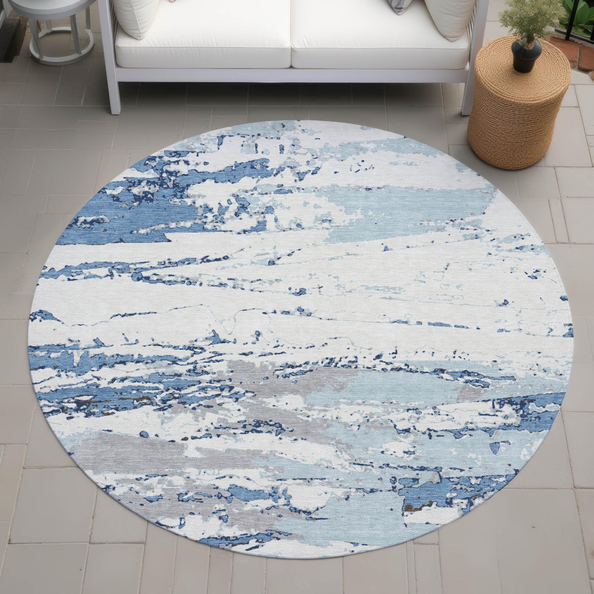 8' Sky Blue And Blue Round Abstract Washable Indoor Outdoor Area Rug Homeroots Outdoor