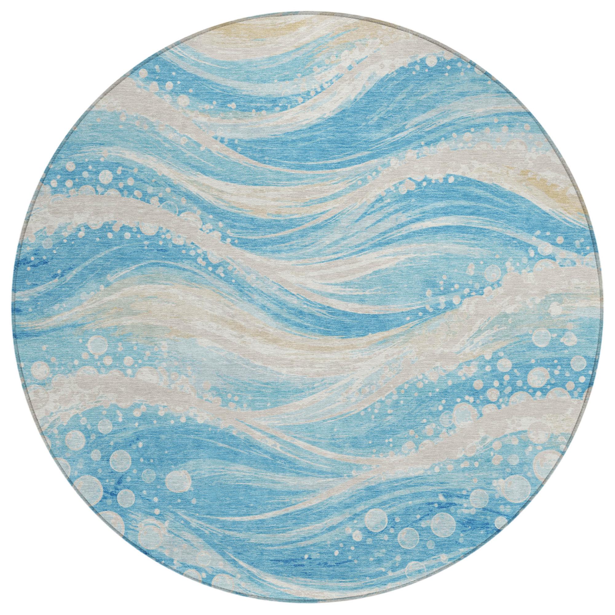 8' Sky Blue And Blue Round Abstract Washable Indoor Outdoor Area Rug Homeroots Outdoor