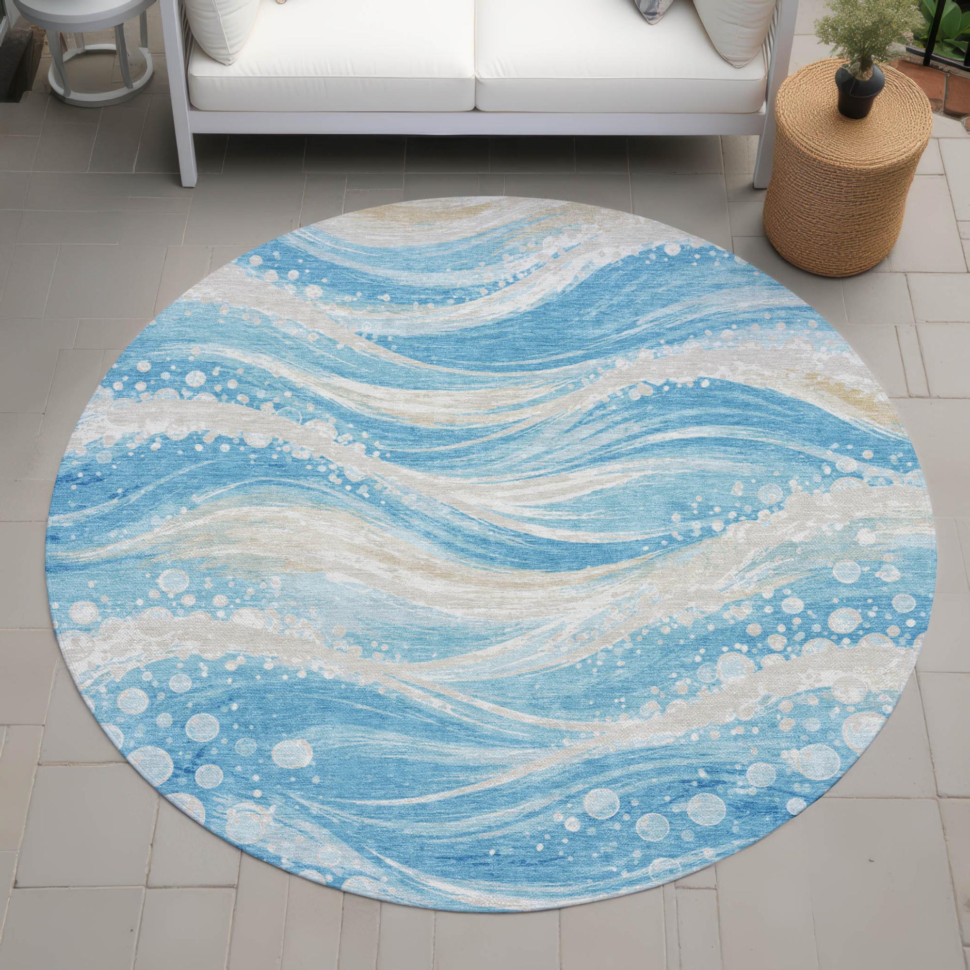 8' Sky Blue And Blue Round Abstract Washable Indoor Outdoor Area Rug Homeroots Outdoor