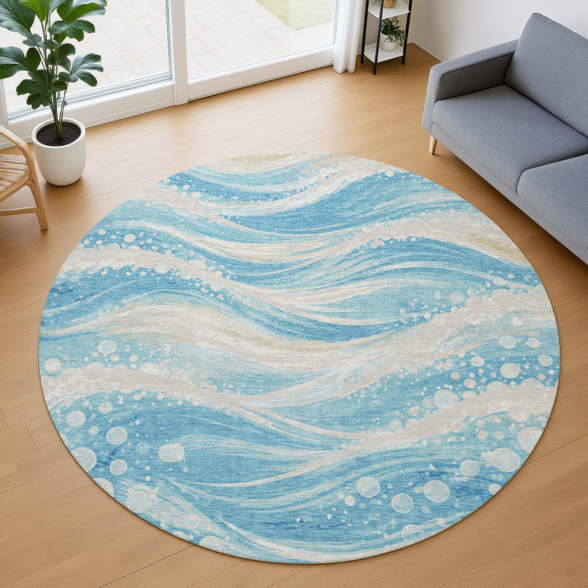 8' Sky Blue And Blue Round Abstract Washable Indoor Outdoor Area Rug Homeroots Outdoor