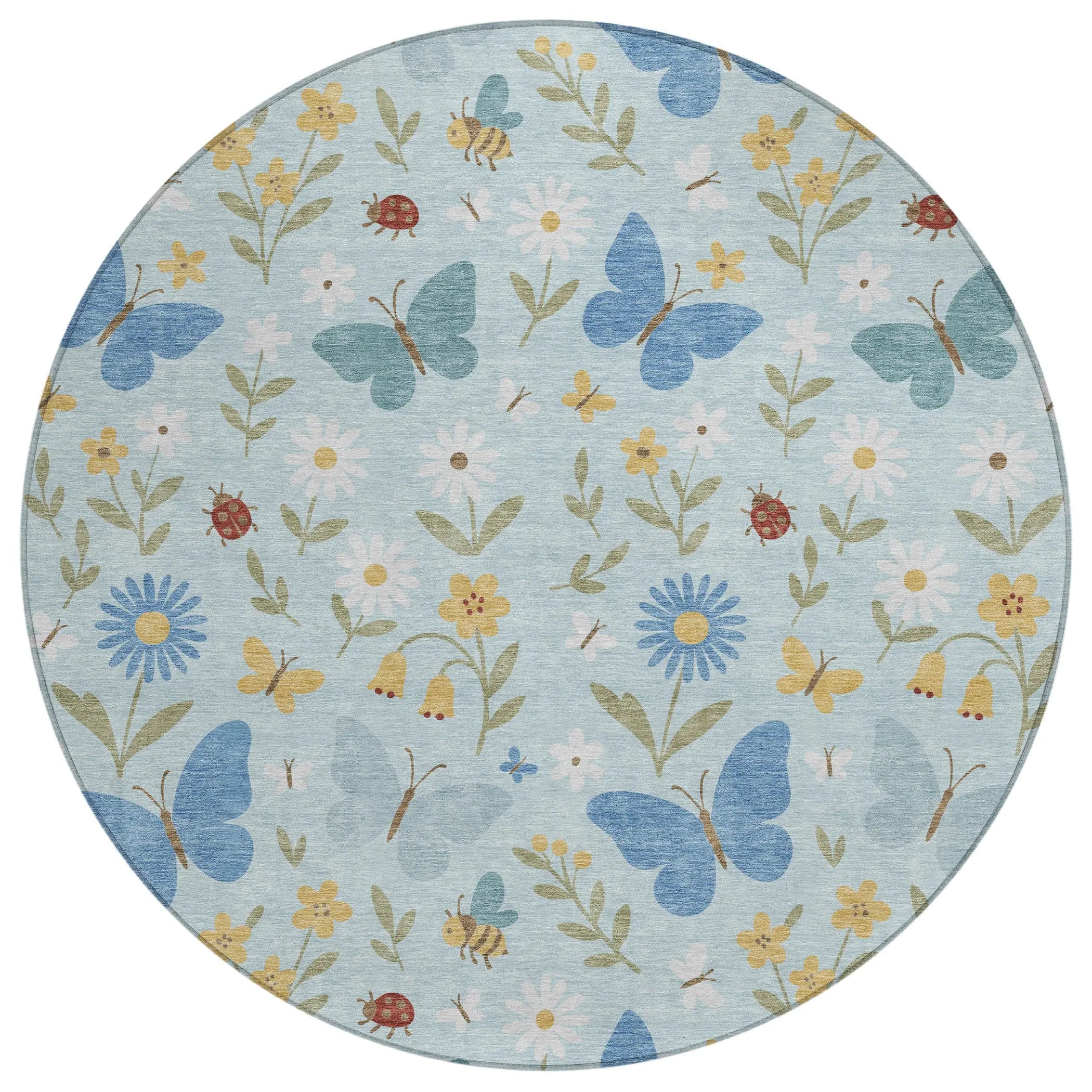 8' Sky Blue And Blue Round Abstract Washable Indoor Outdoor Area Rug Homeroots Outdoor