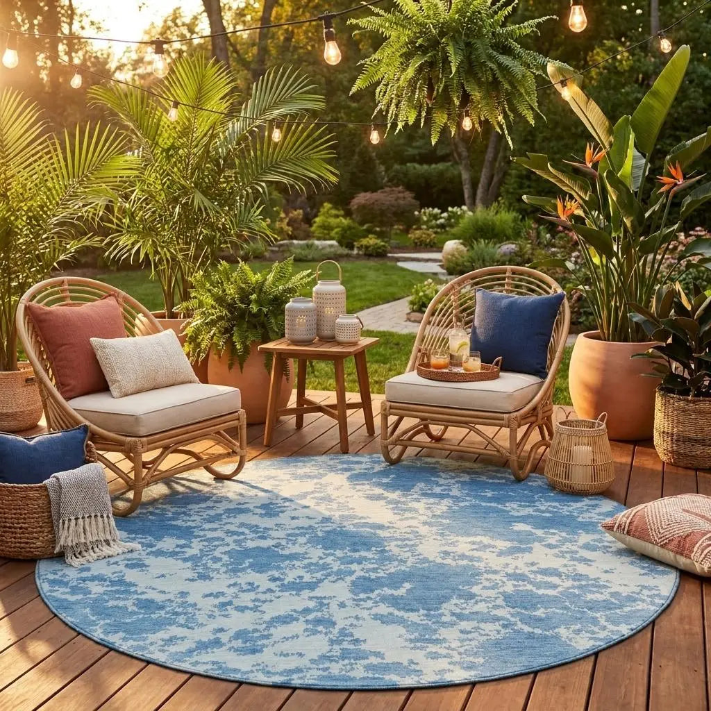 8' Sky Blue And Blue Round Abstract Washable Indoor Outdoor Area Rug Homeroots Outdoor