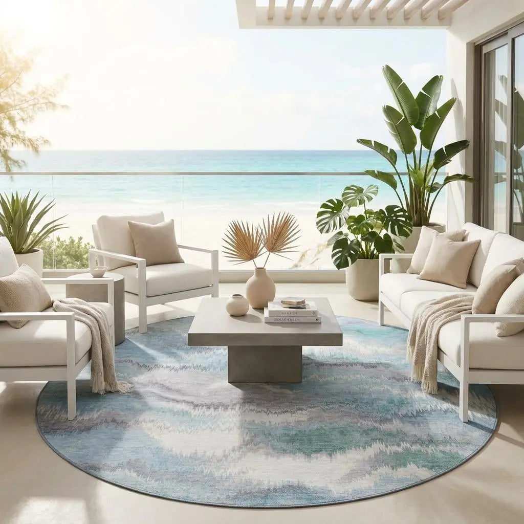 8' Sky Blue And Blue Round Abstract Washable Indoor Outdoor Area Rug Homeroots Outdoor