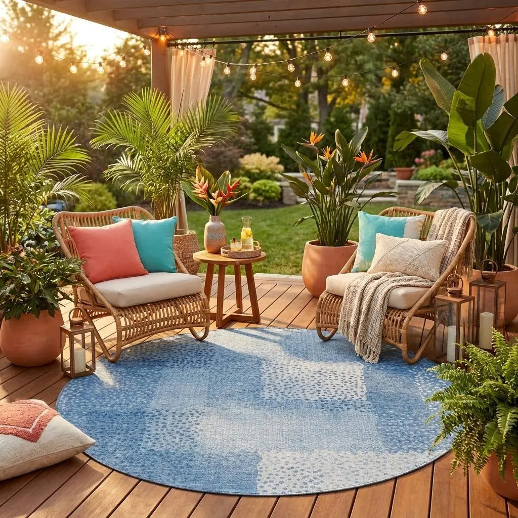 8' Sky Blue And Blue Round Abstract Washable Indoor Outdoor Area Rug Homeroots Outdoor