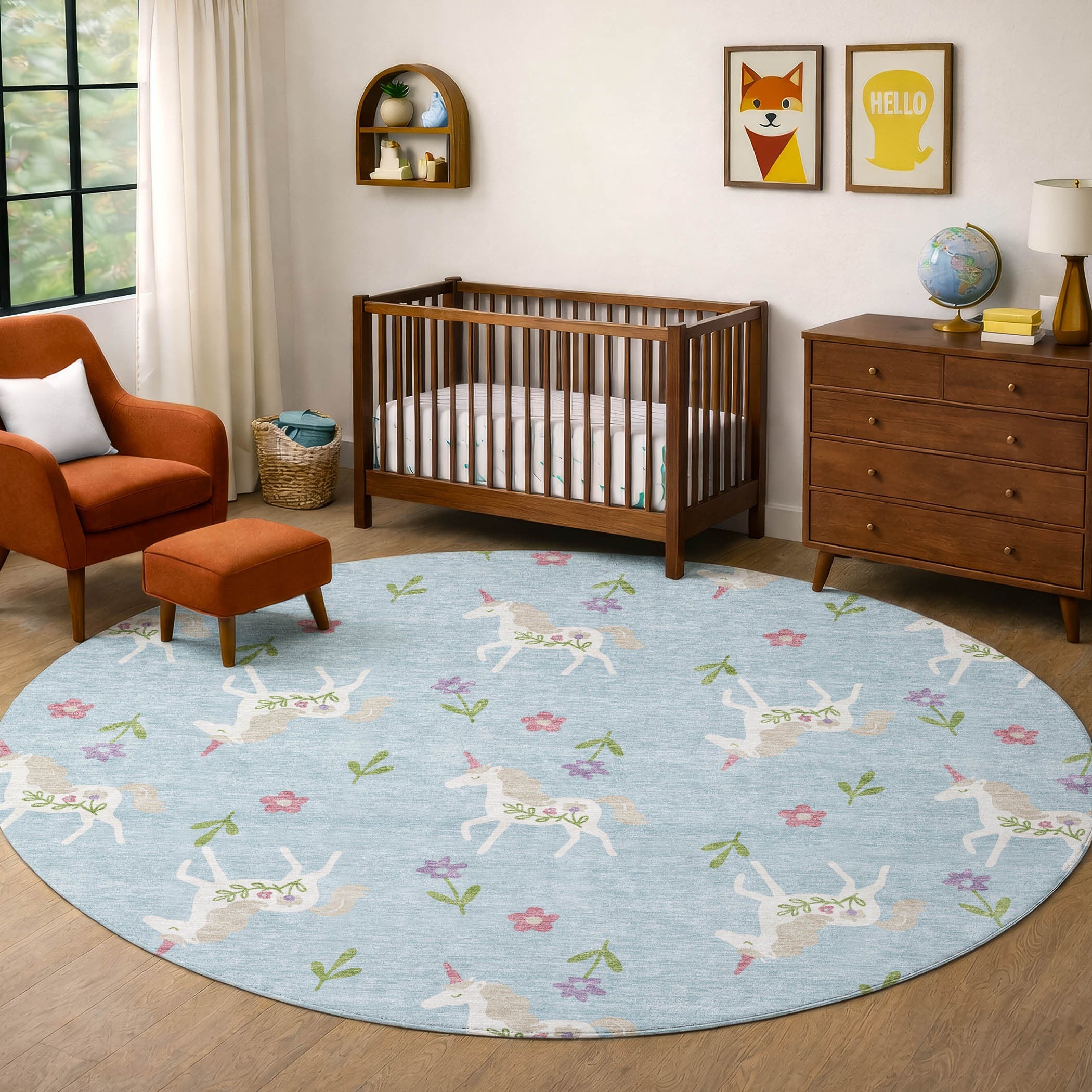 8' Sky Blue And Blue Round Floral Washable Indoor Outdoor Area Rug Homeroots Outdoor