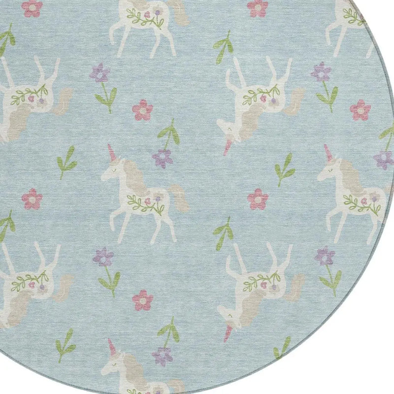8' Sky Blue And Blue Round Floral Washable Indoor Outdoor Area Rug Homeroots Outdoor