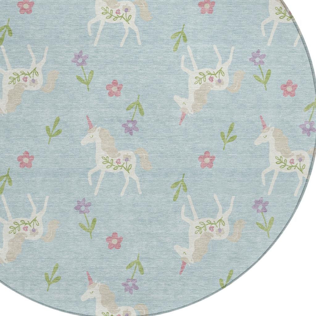 8' Sky Blue And Blue Round Floral Washable Indoor Outdoor Area Rug Homeroots Outdoor