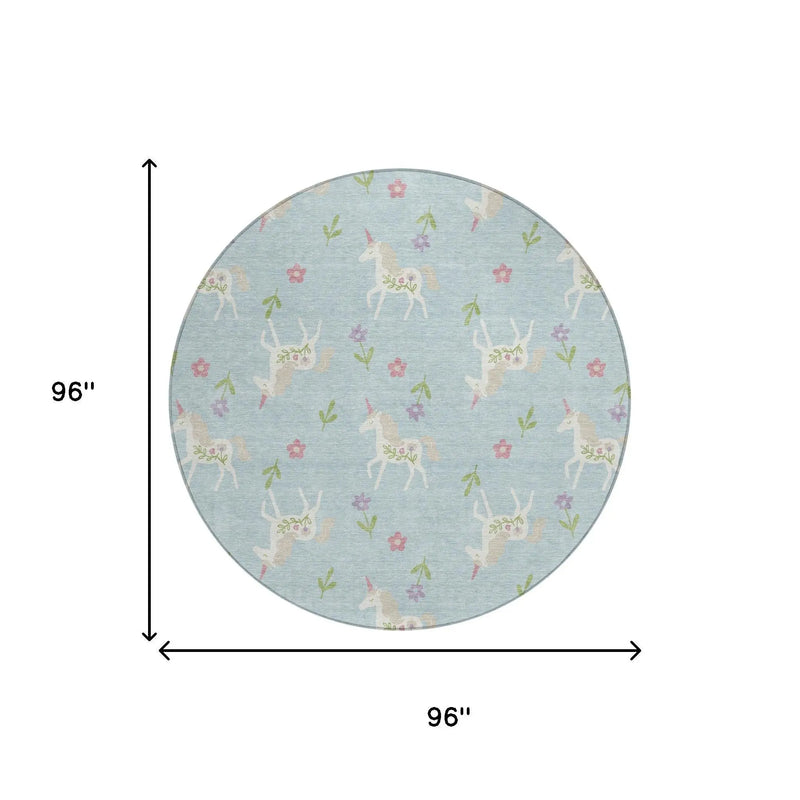 8' Sky Blue And Blue Round Floral Washable Indoor Outdoor Area Rug Homeroots Outdoor