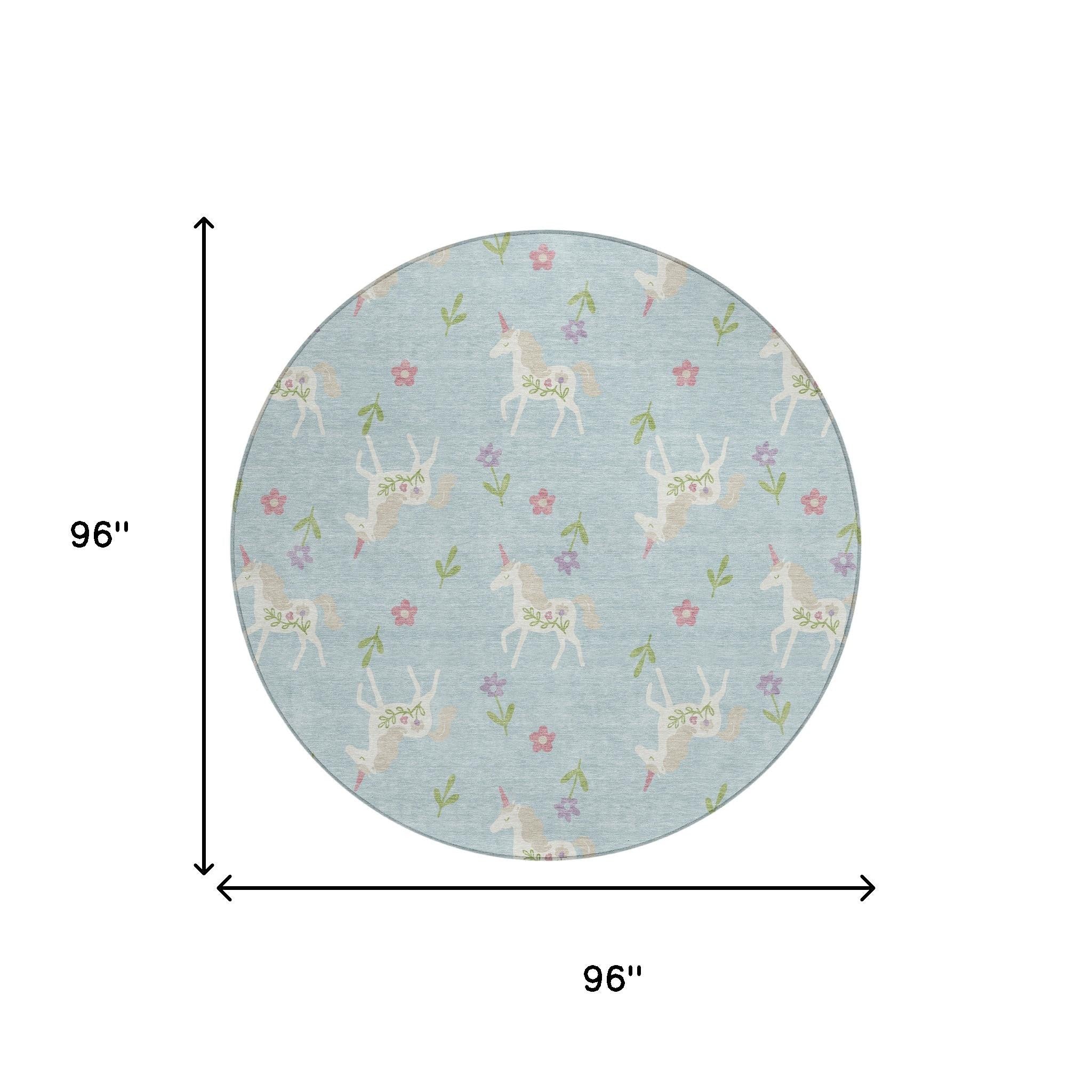8' Sky Blue And Blue Round Floral Washable Indoor Outdoor Area Rug Homeroots Outdoor