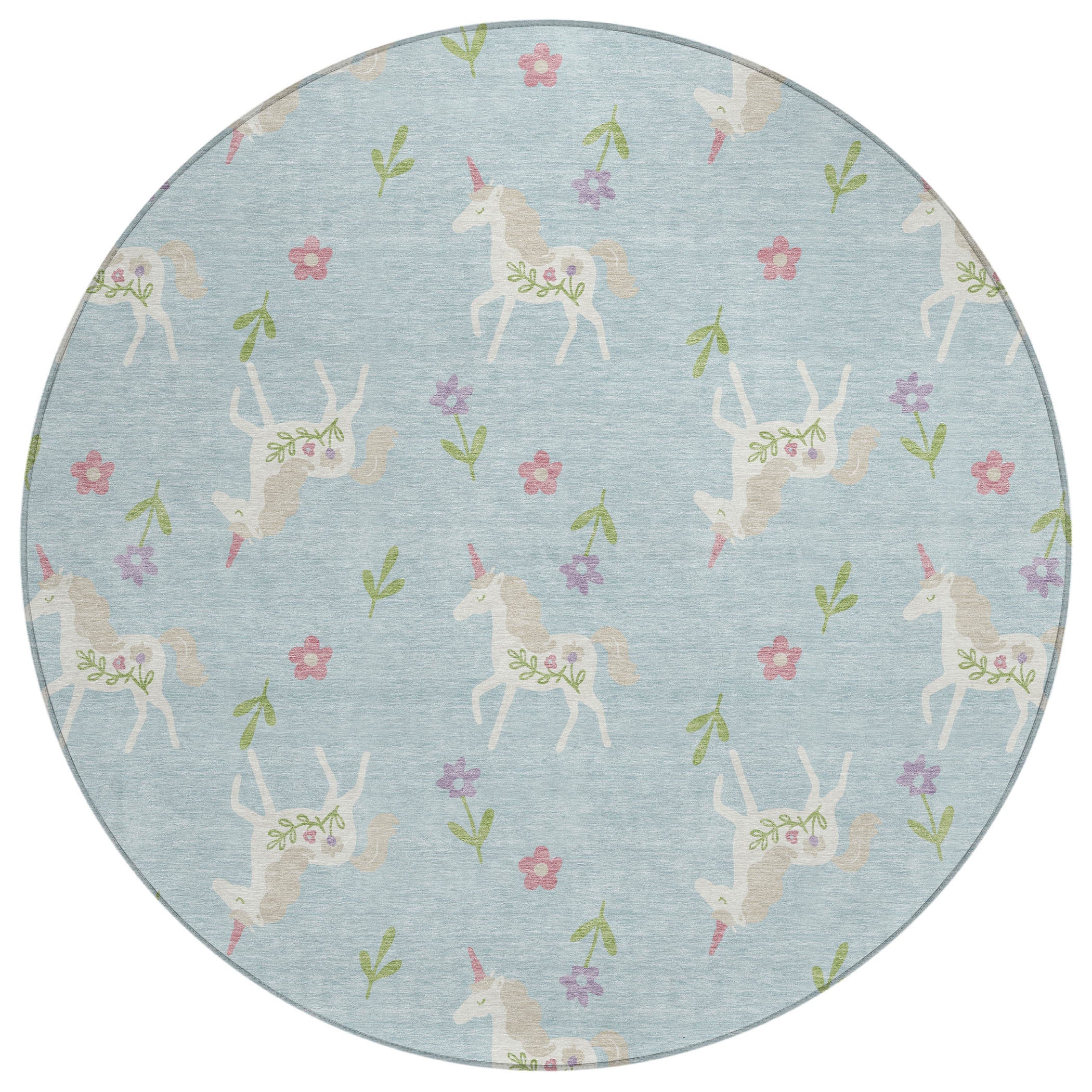 8' Sky Blue And Blue Round Floral Washable Indoor Outdoor Area Rug Homeroots Outdoor