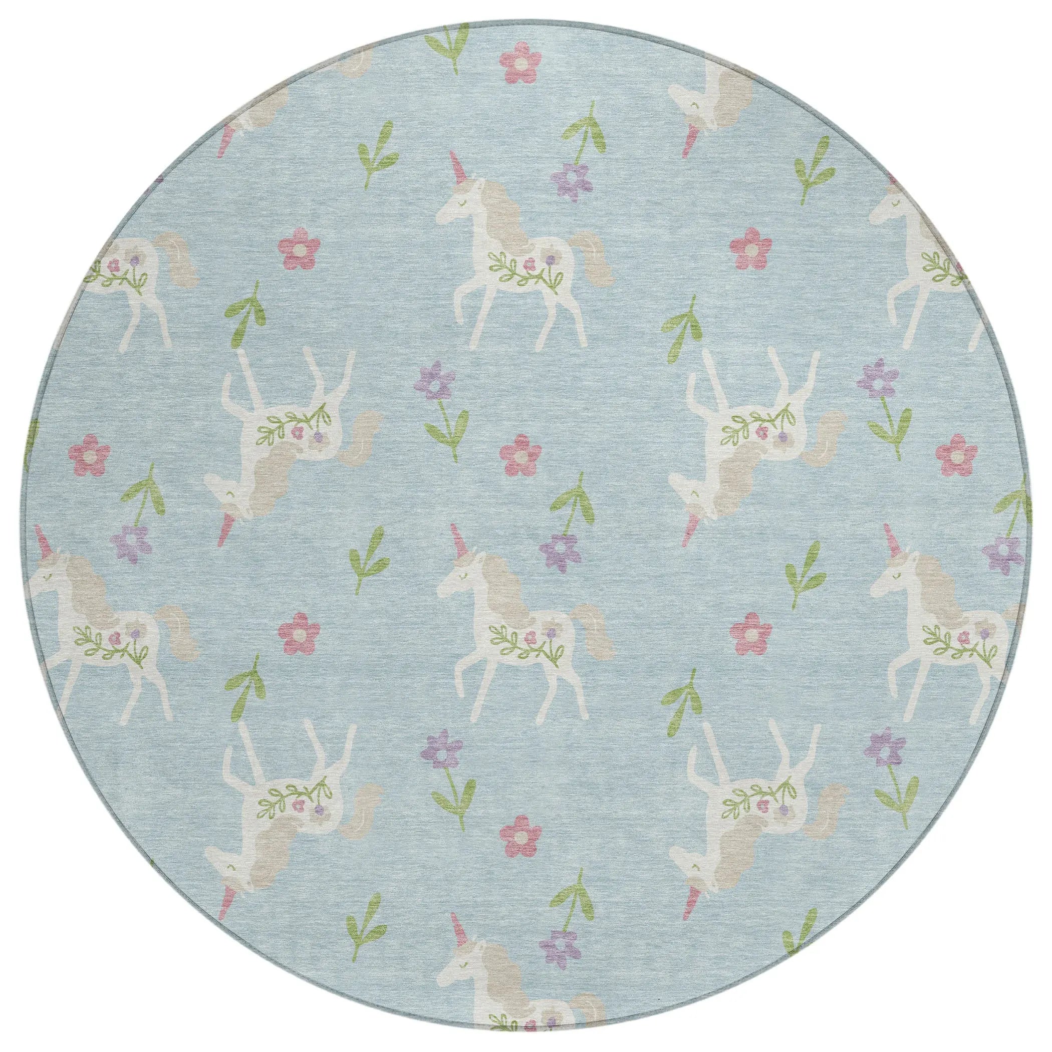 8' Sky Blue And Blue Round Floral Washable Indoor Outdoor Area Rug Homeroots Outdoor