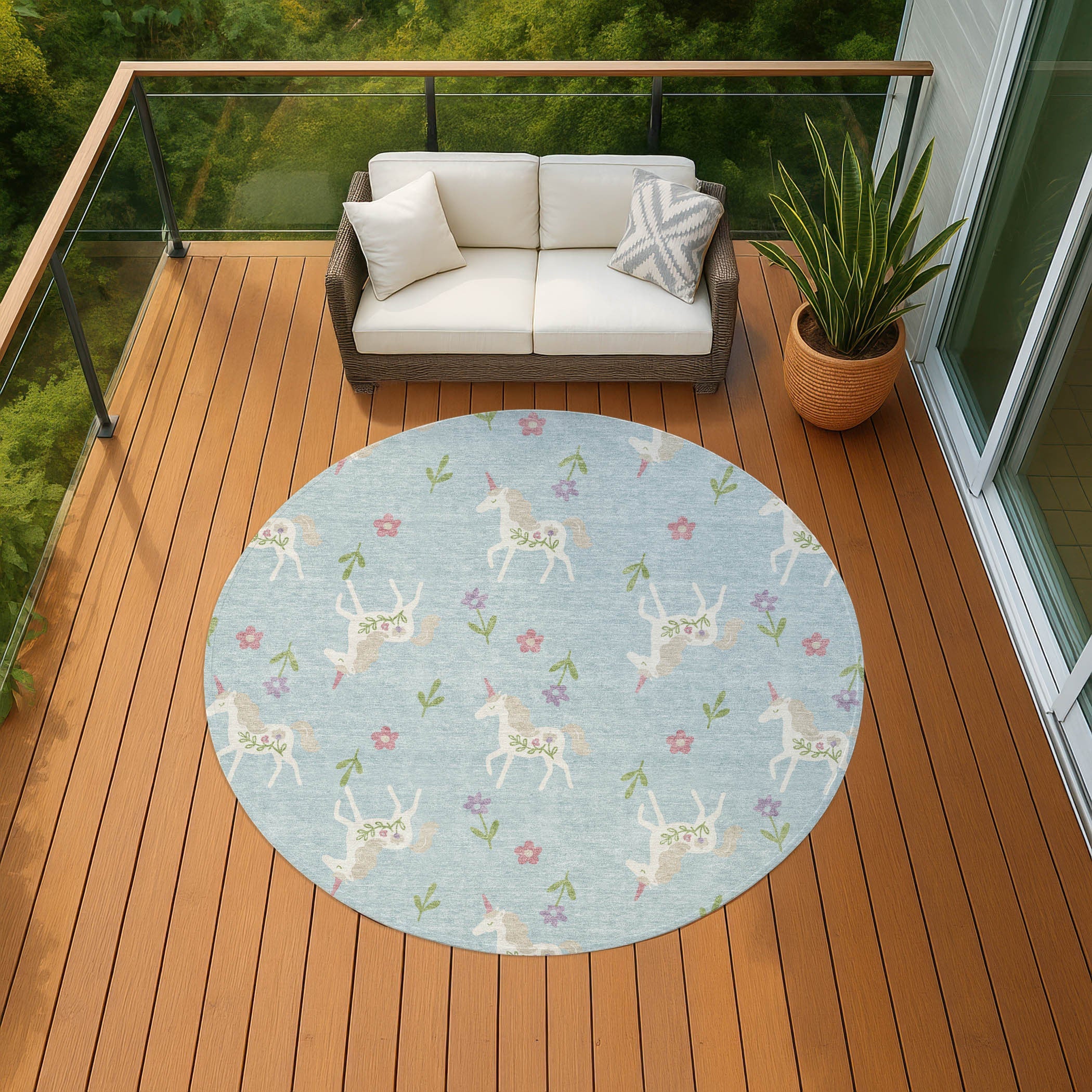 8' Sky Blue And Blue Round Floral Washable Indoor Outdoor Area Rug Homeroots Outdoor