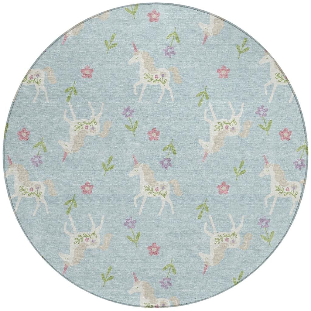 8' Sky Blue And Blue Round Floral Washable Indoor Outdoor Area Rug Homeroots Outdoor