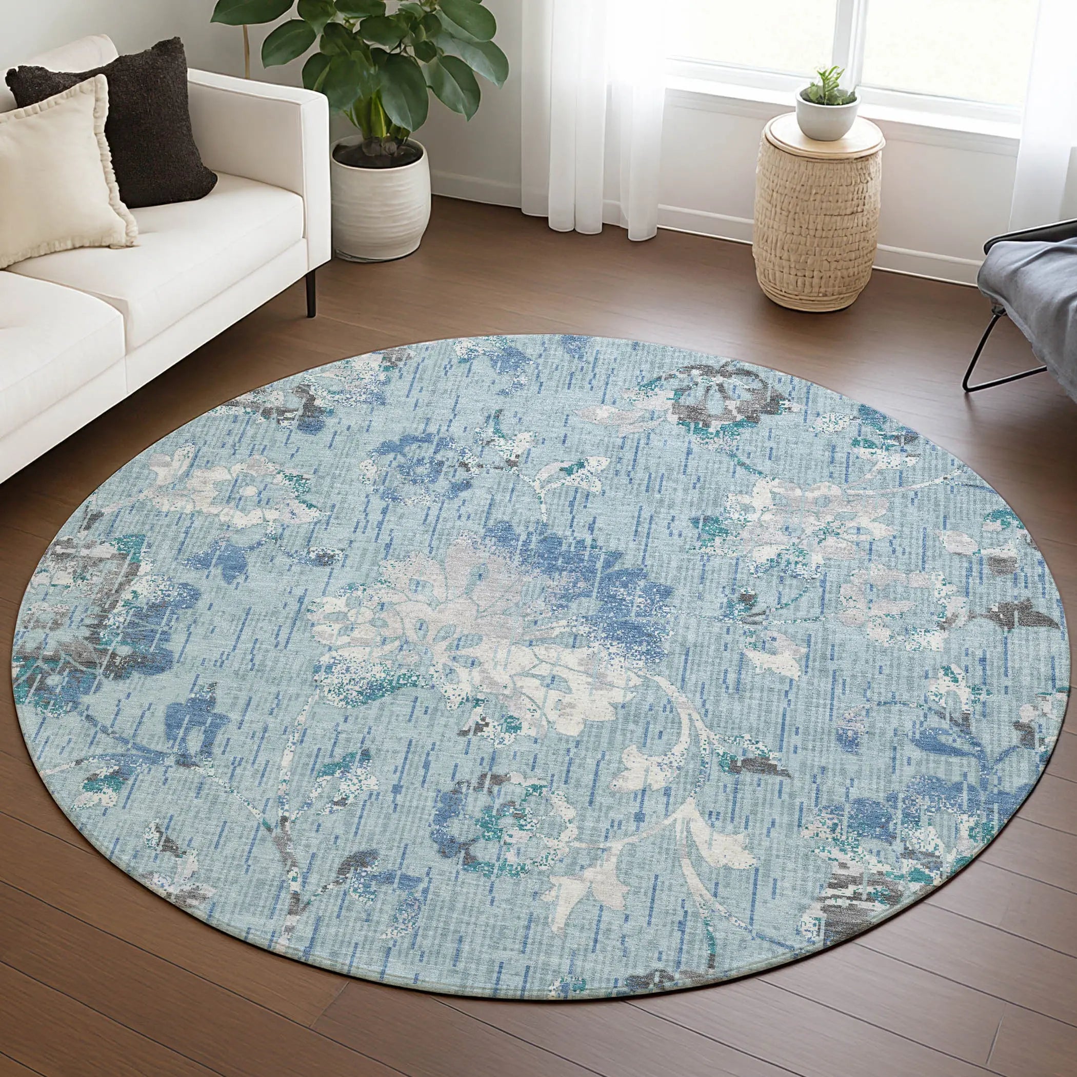 8' Sky Blue And Blue Round Floral Washable Indoor Outdoor Area Rug Homeroots Outdoor