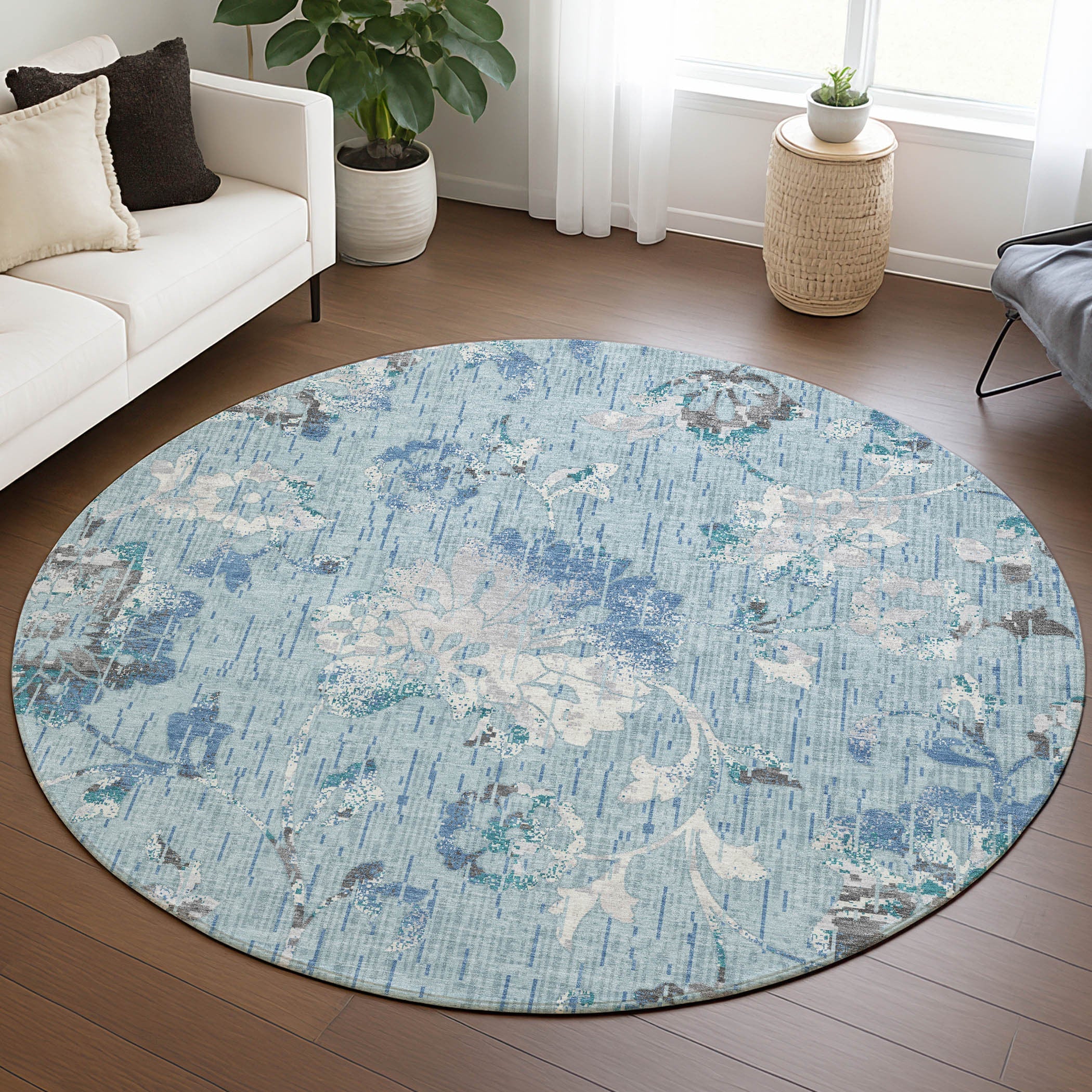 8' Sky Blue And Blue Round Floral Washable Indoor Outdoor Area Rug Homeroots Outdoor