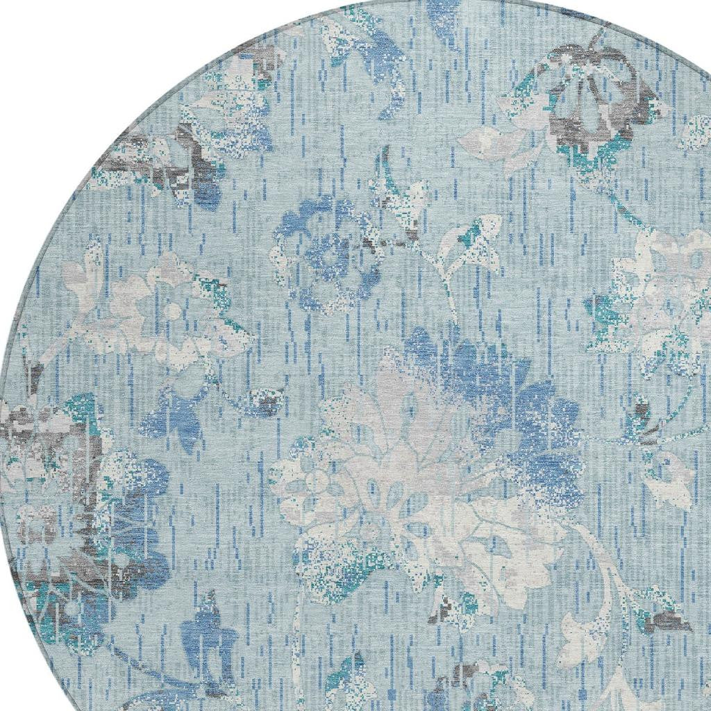 8' Sky Blue And Blue Round Floral Washable Indoor Outdoor Area Rug Homeroots Outdoor