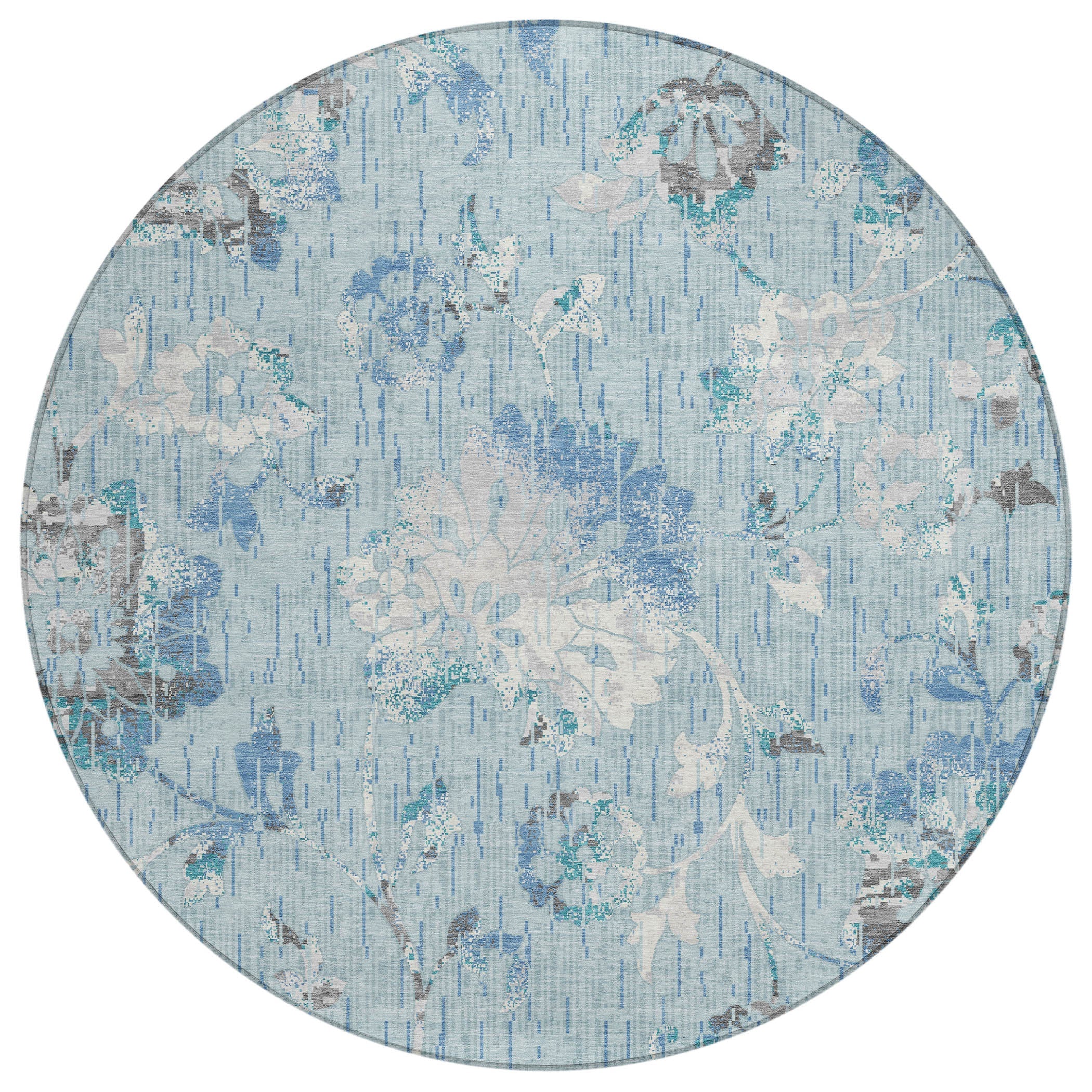 8' Sky Blue And Blue Round Floral Washable Indoor Outdoor Area Rug Homeroots Outdoor