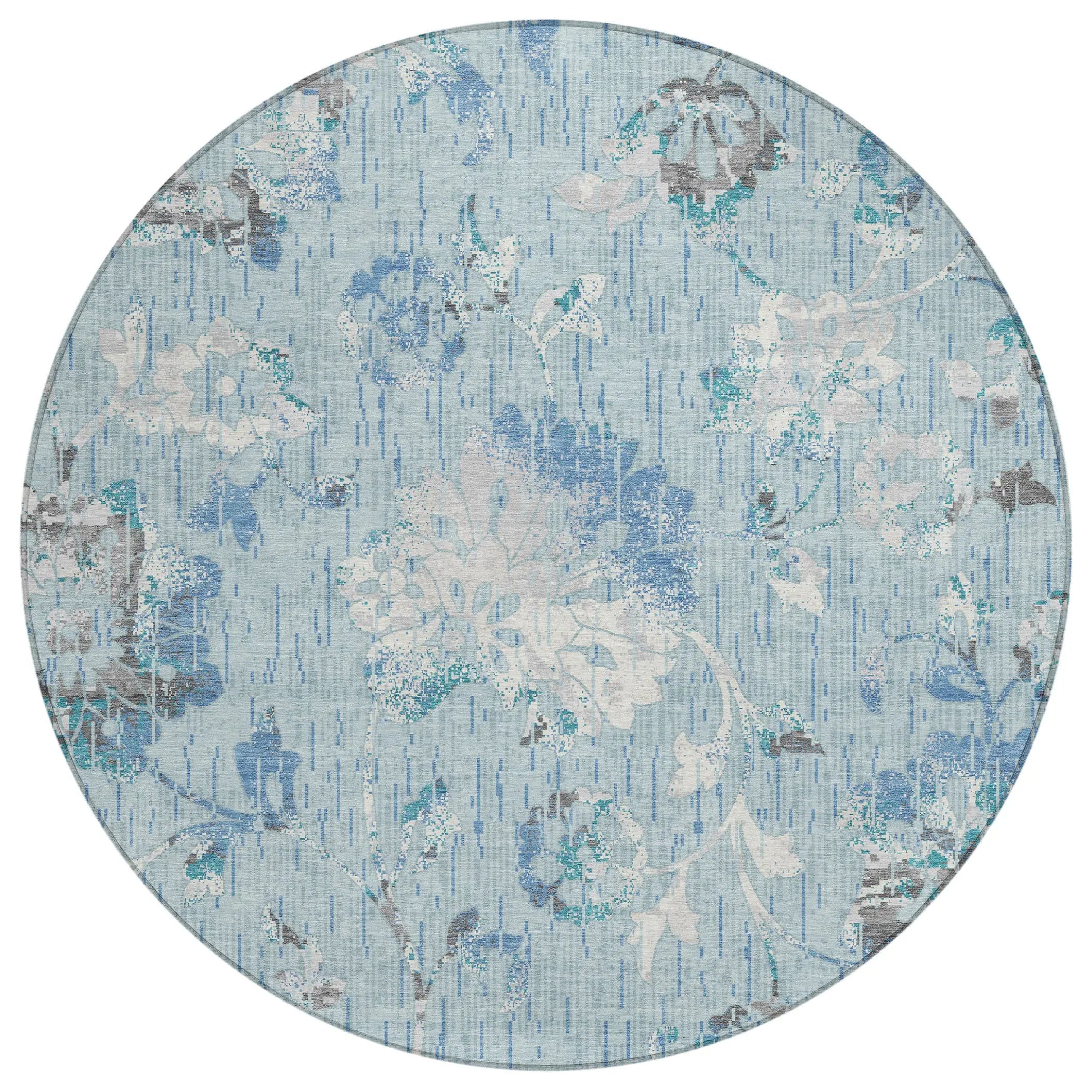 8' Sky Blue And Blue Round Floral Washable Indoor Outdoor Area Rug Homeroots Outdoor