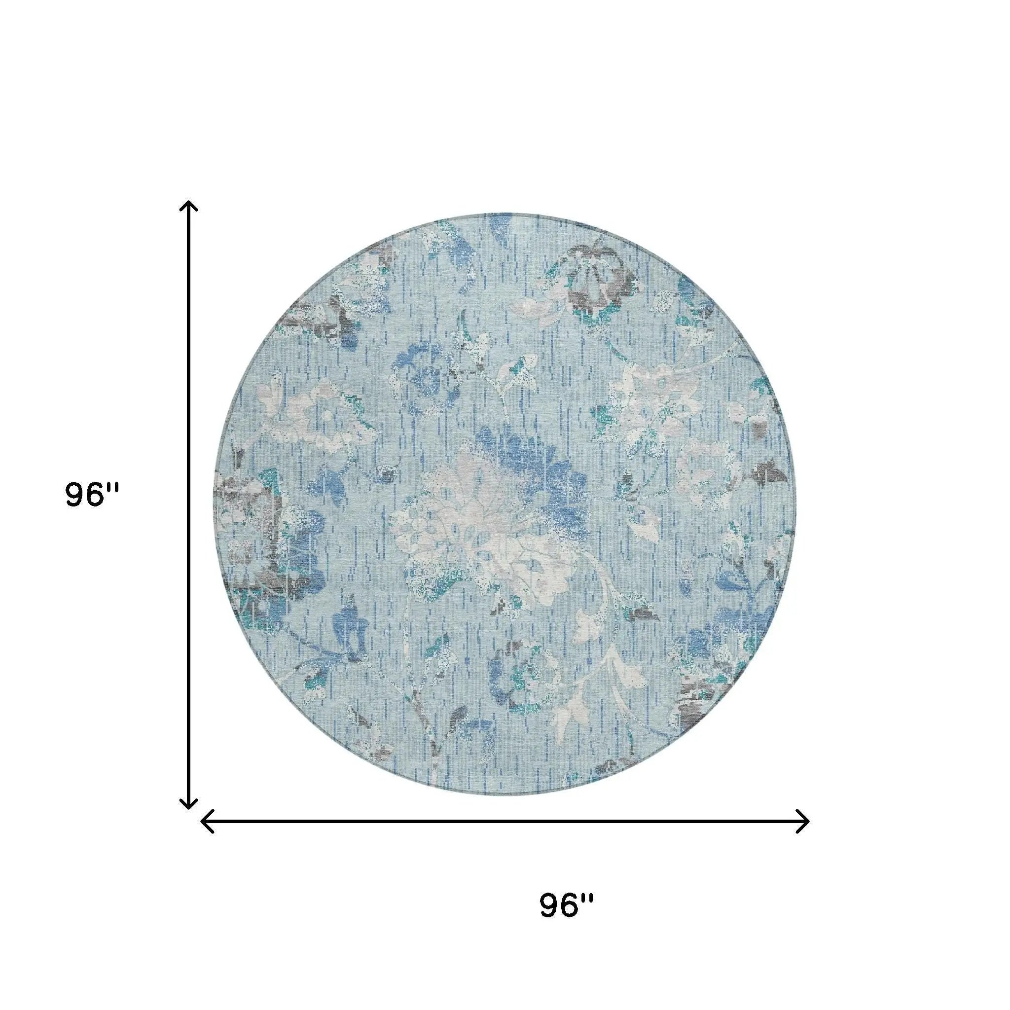 8' Sky Blue And Blue Round Floral Washable Indoor Outdoor Area Rug Homeroots Outdoor