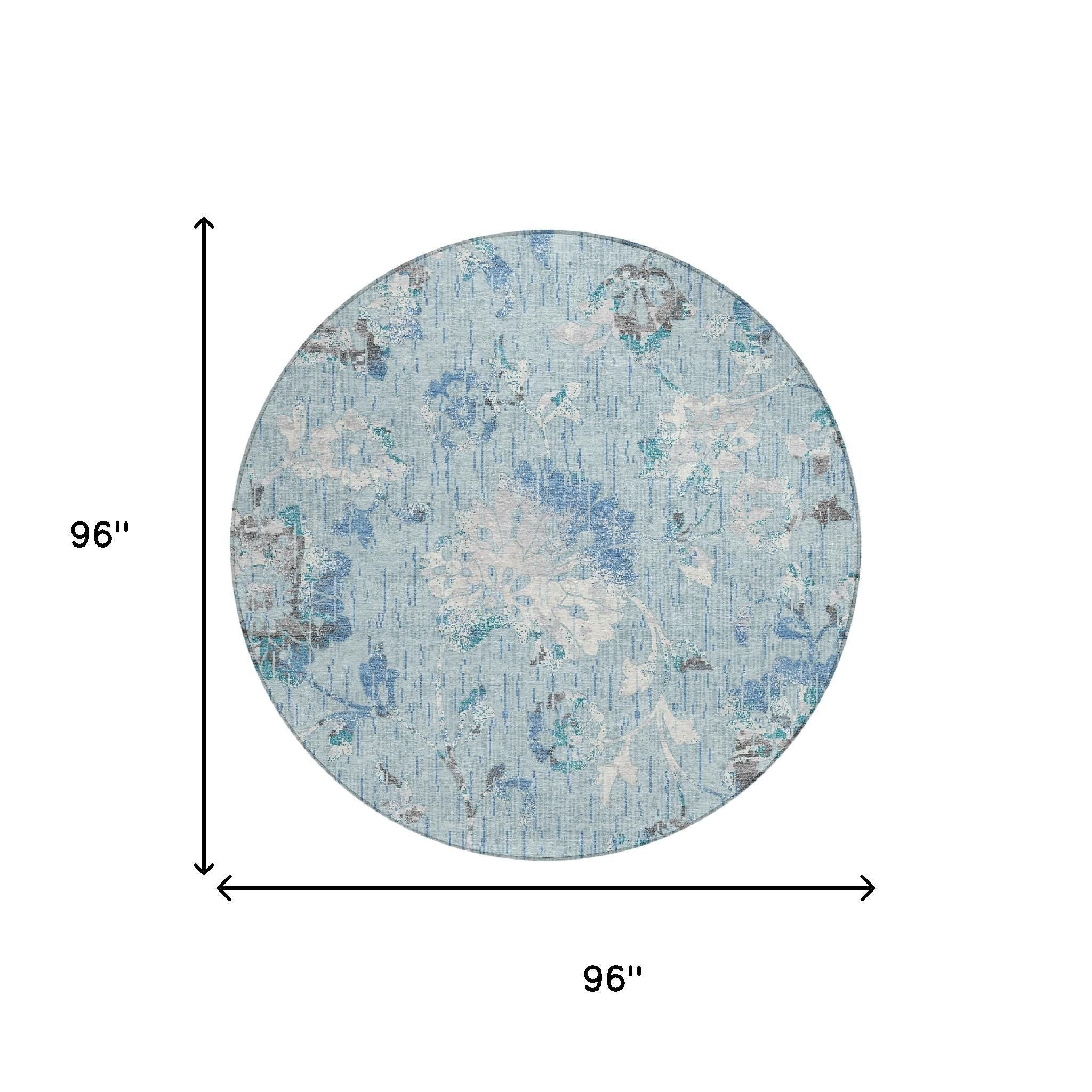 8' Sky Blue And Blue Round Floral Washable Indoor Outdoor Area Rug Homeroots Outdoor