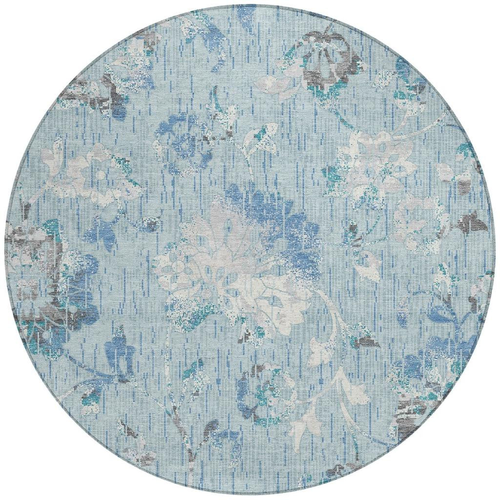 8' Sky Blue And Blue Round Floral Washable Indoor Outdoor Area Rug Homeroots Outdoor