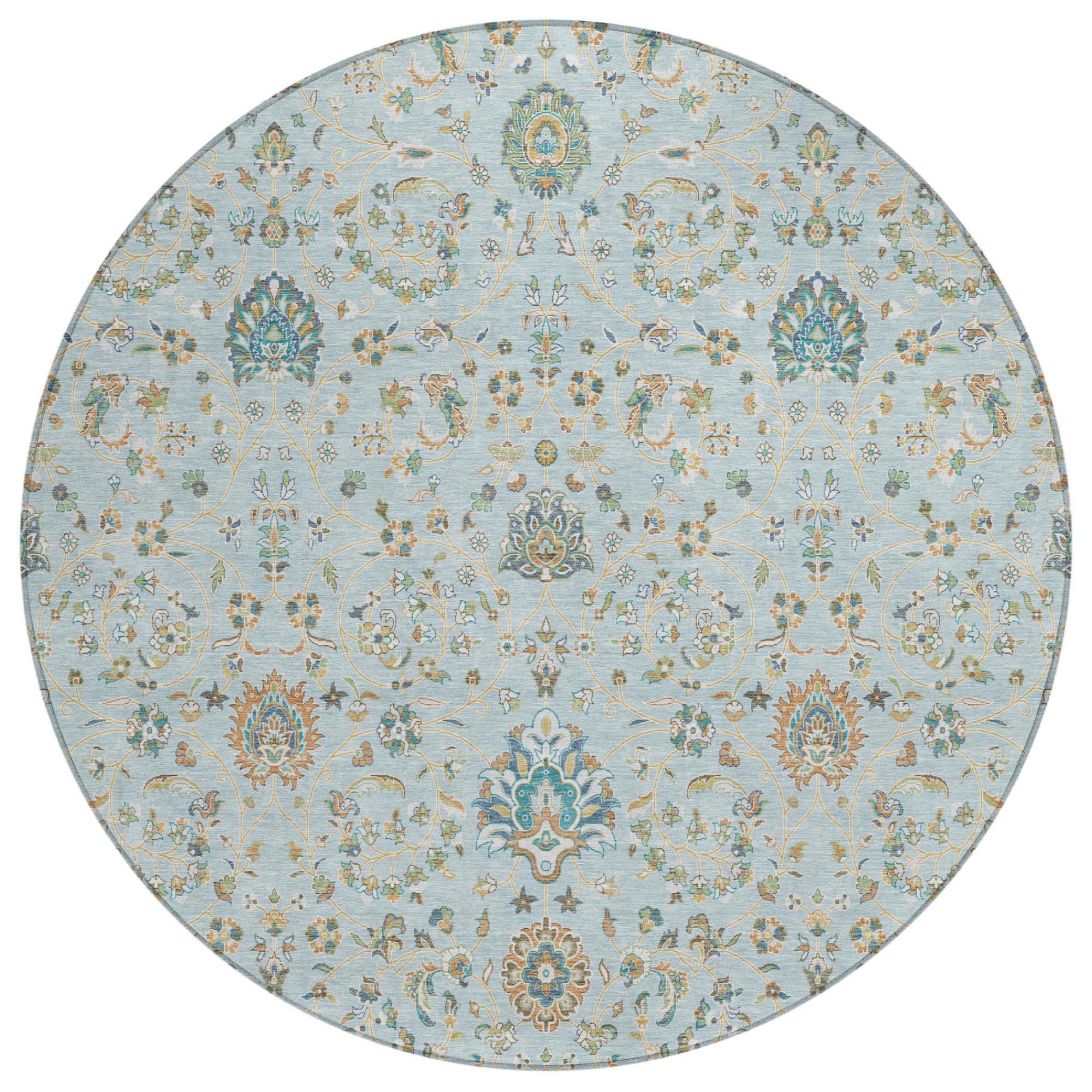 8' Sky Blue And Blue Round Floral Washable Indoor Outdoor Area Rug Homeroots Outdoor