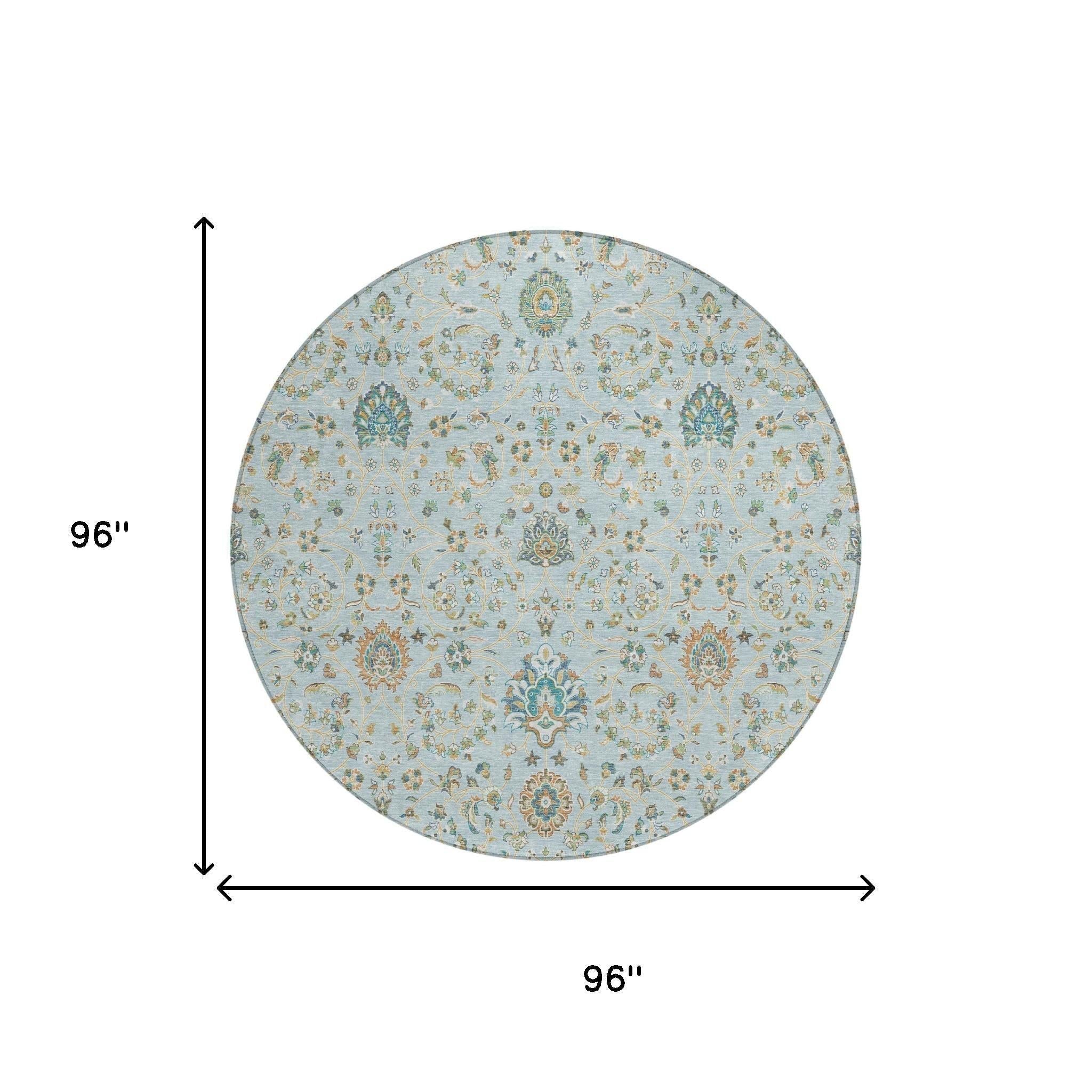 8' Sky Blue And Blue Round Floral Washable Indoor Outdoor Area Rug Homeroots Outdoor