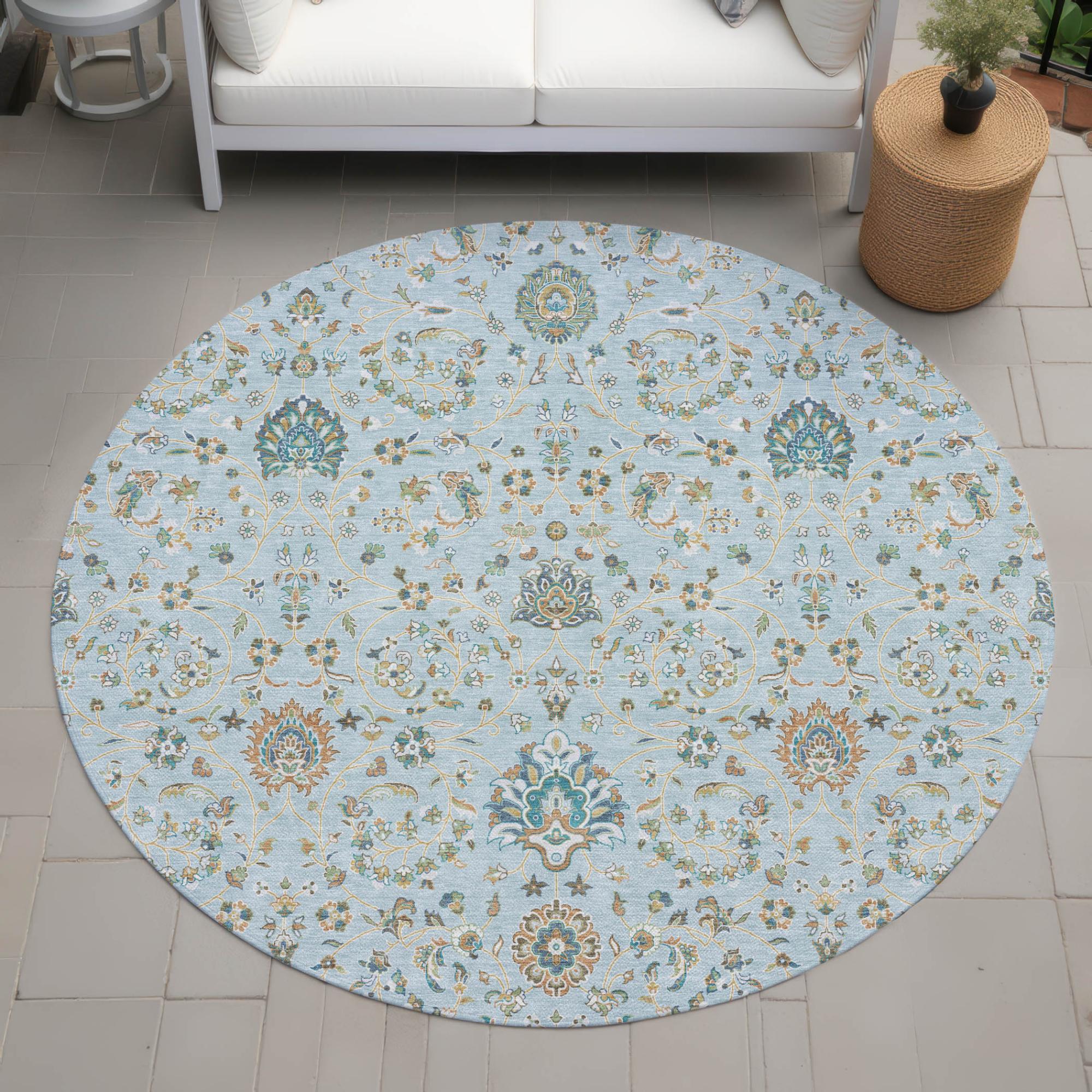 8' Sky Blue And Blue Round Floral Washable Indoor Outdoor Area Rug Homeroots Outdoor