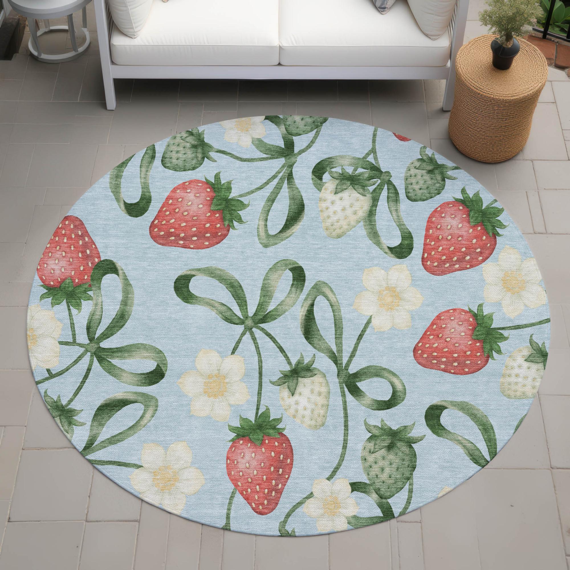 8' Sky Blue And Blue Round Floral Washable Indoor Outdoor Area Rug Homeroots Outdoor