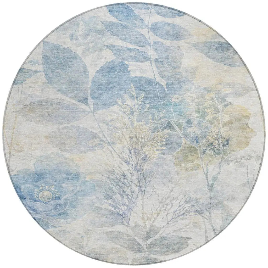 8' Sky Blue And Blue Round Floral Washable Indoor Outdoor Area Rug Homeroots Outdoor
